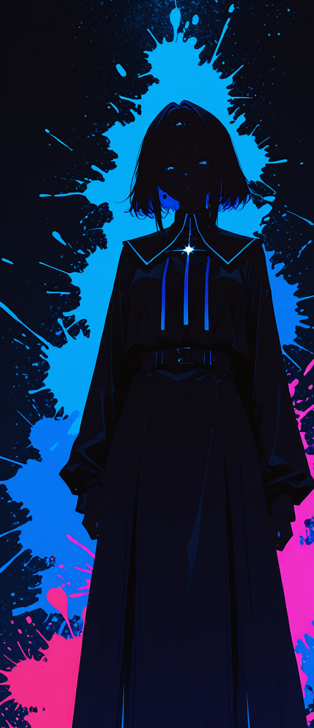 Digitales Kunstporträt einer Frau mit langem, schwarzem Haar und leuchtend roten Augen vor einem Hintergrund aus neonfarbenen, pinken und blauen Farbspritzern.