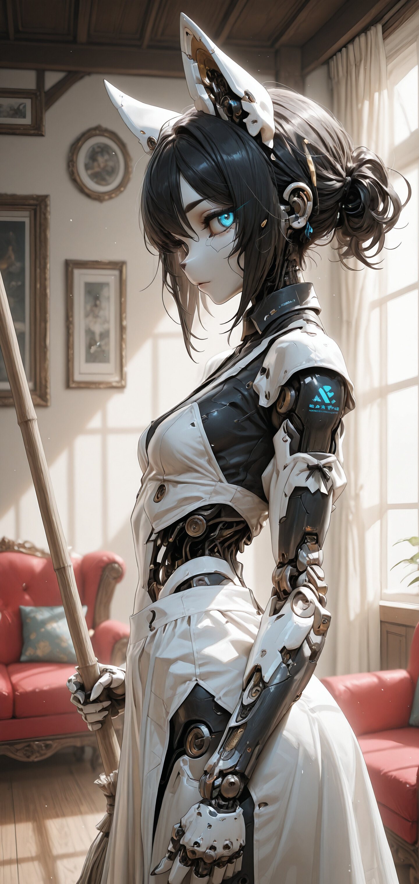 Eine digitale Illustration einer weiblichen Cyborg mit weißem Haar, leuchtend blauen Augen und Katzenohren, gekleidet in einem Dienstmädchen-Outfit und mit einem futuristischen Wischmopp in einem Raum im klassischen Stil.
