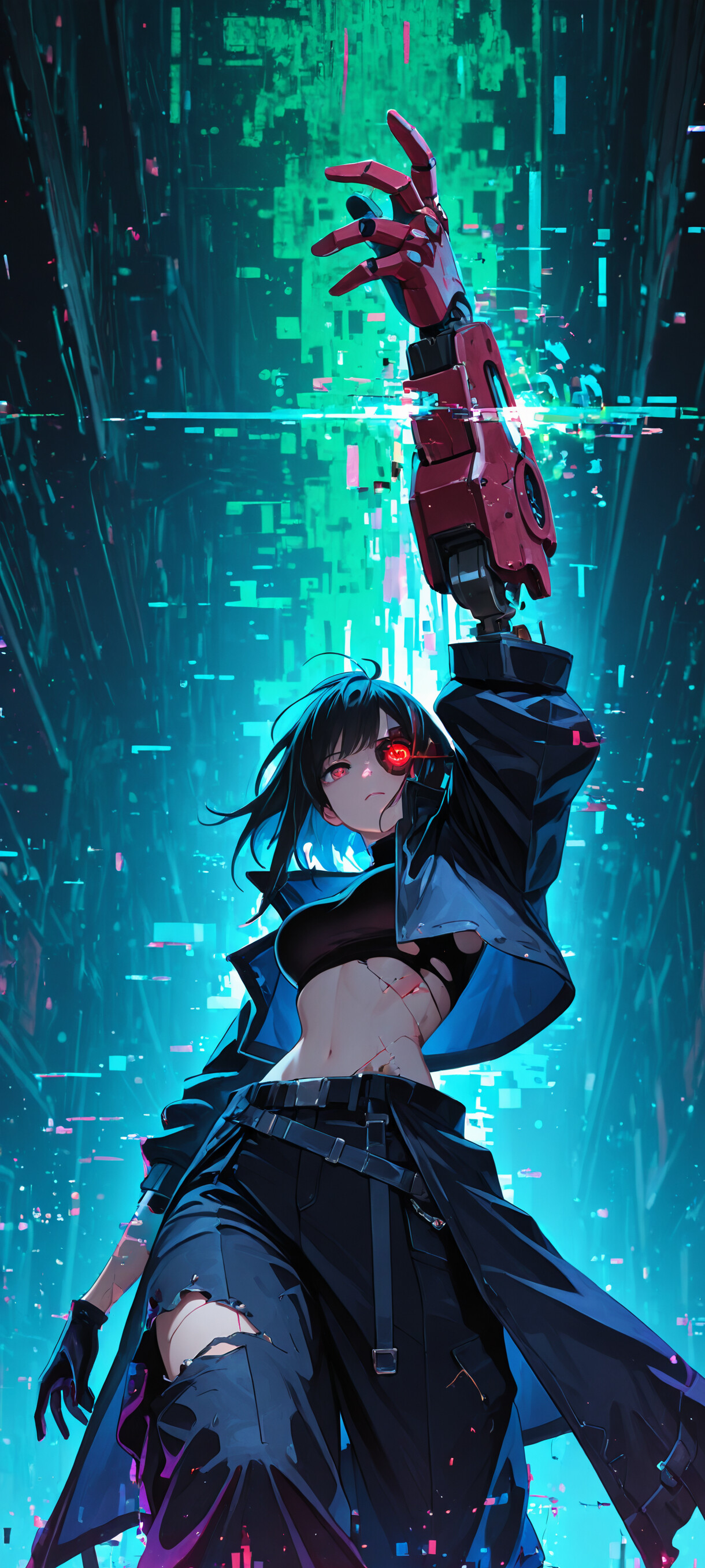 Eine im Anime-Stil gezeichnete weibliche Kriegerin mit einem kybernetischen Arm und einem roten Auge, dargestellt in einer dynamischen Pose. Sie führt ein blaues Energieschwert in einer futuristischen, neonblauen Stadt, die von digitalen Glitch-Effekten durchzogen ist.
