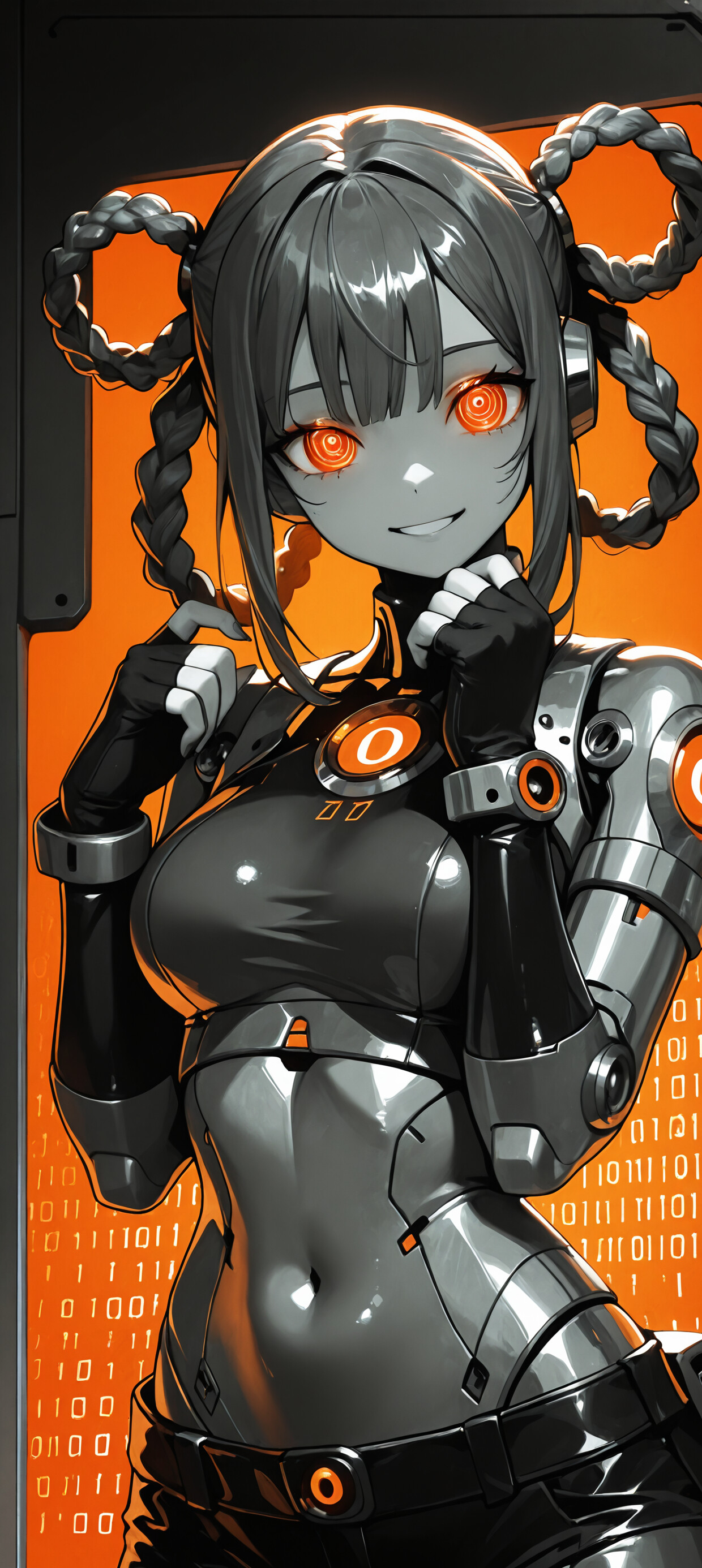 Eine digitale Illustration einer weiblichen Androidenfigur mit einem schwarz-grauen Körper, leuchtend orangefarbenen Augen und Haaren, die aus leuchtend orangefarbenen, zu Zöpfen geflochtenen Kabeln bestehen und zu zwei Duttfrisuren gestylt sind. Der Hintergrund ist dunkel und zeigt herabfallenden Binärcode.