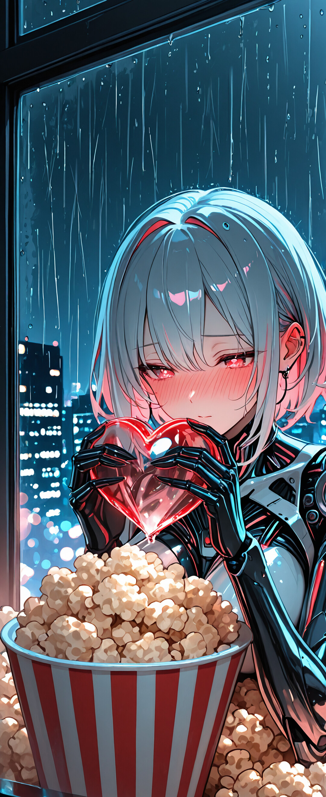 Ein Cyborg-Mädchen im Anime-Stil mit kurzen, hellblauen Haaren und blauen Augen, das errötet, während es einen großen, rot-weiß gestreiften Eimer mit Popcorn hält. Ein rosafarbenes, durchscheinendes Herz liegt auf dem Popcorn. Sie steht vor einem Fenster, durch das man eine regnerische Stadt bei Nacht sieht.