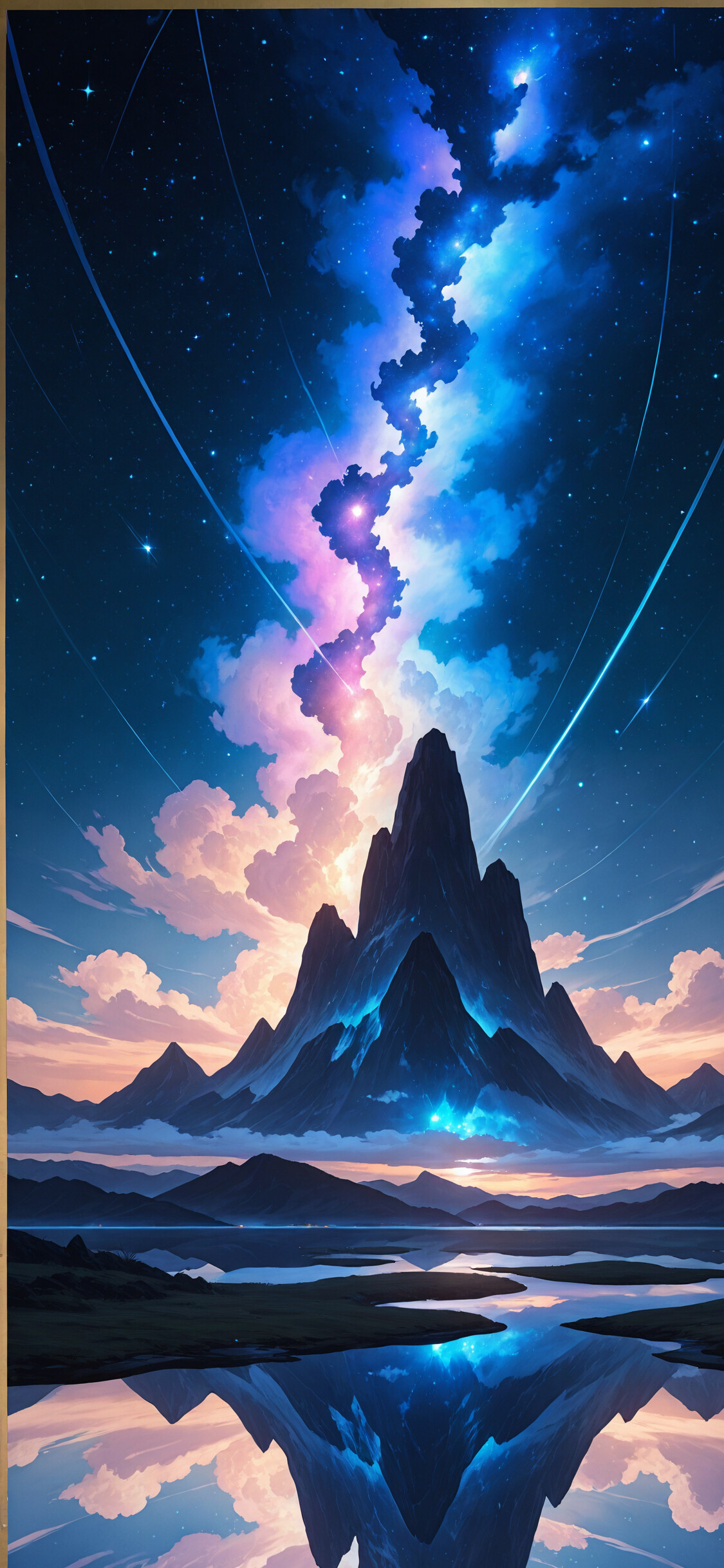 Eine einzelne Gestalt in einem Umhang steht vor einem großen, zerklüfteten Berg unter einem farbenprächtigen, sternenübersäten Nachthimmel, durch den sich eine Nebelwolke zieht. All dies spiegelt sich im ruhigen Wasser unterhalb wider.