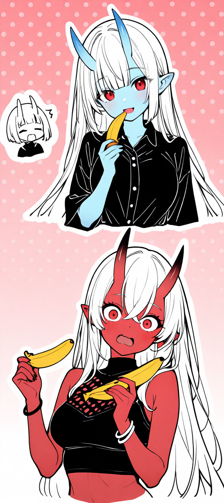 Ein Anime-Mädchen mit blauer Haut, langen weißen Haaren, roten Augen und roten Hörnern, das überrascht und stark errötend aussieht. Es trägt ein schwarzes, hochgeschlossenes Oberteil und steht vor einem pinkfarbenen, gepunkteten Hintergrund.