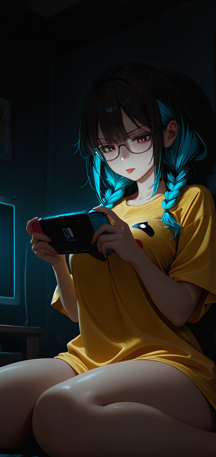 Ein Anime-Mädchen mit schwarzen und blauen, zu Zöpfen geflochtenen Haaren und einer Brille sitzt in einem dunklen Raum und konzentriert sich beim Spielen einer tragbaren Videospielkonsole. Es trägt ein übergroßes, gelbes T-Shirt.
