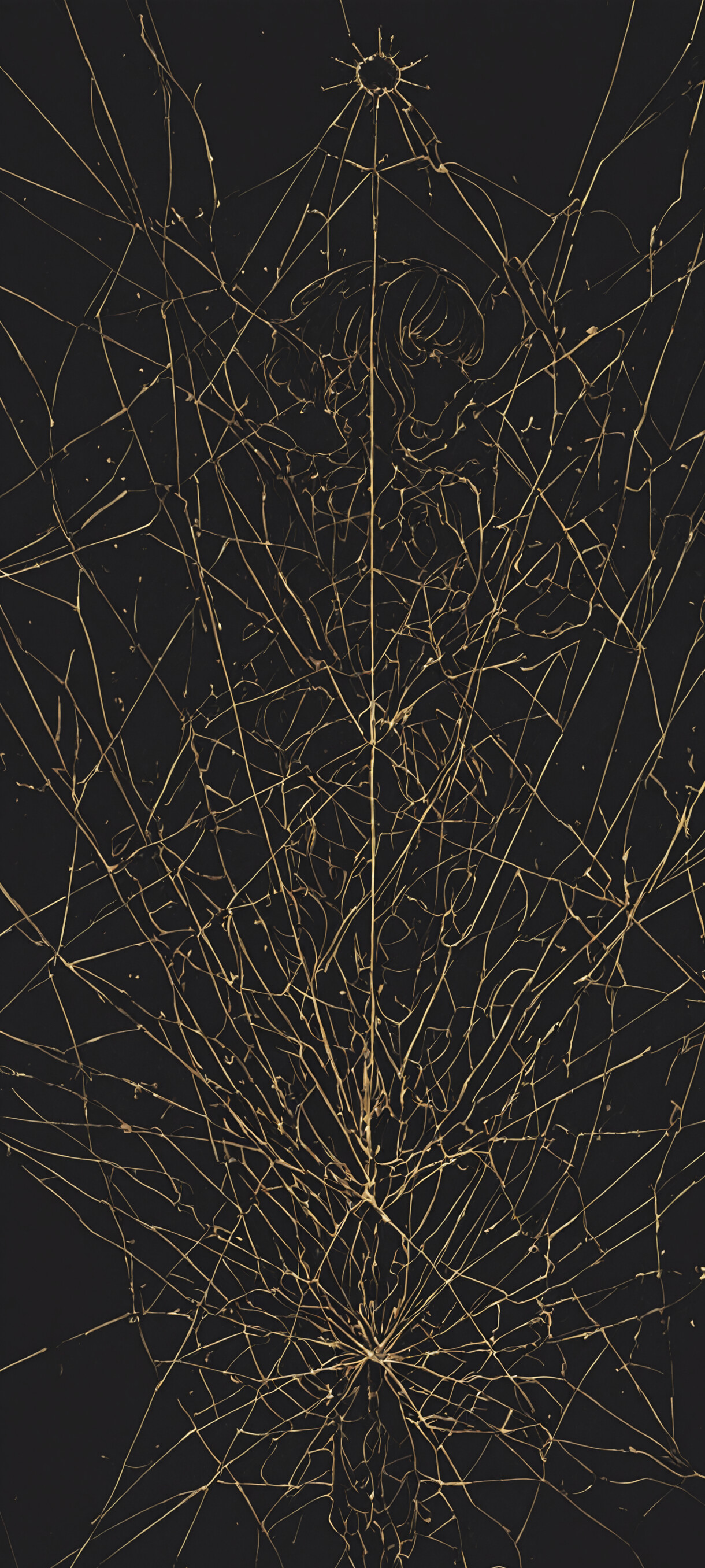 Ein modernes, abstraktes Kunstwerk, das Rei Ayanami aus „Neon Genesis Evangelion“ im Profil zeigt. Das Bild ist eine Linienzeichnung in leuchtendem Kupfer auf einem dunklen, gitterartigen Hintergrund, wobei die Seite ihres Kopfes in eine chaotische, wunderschöne Spirale übergeht.