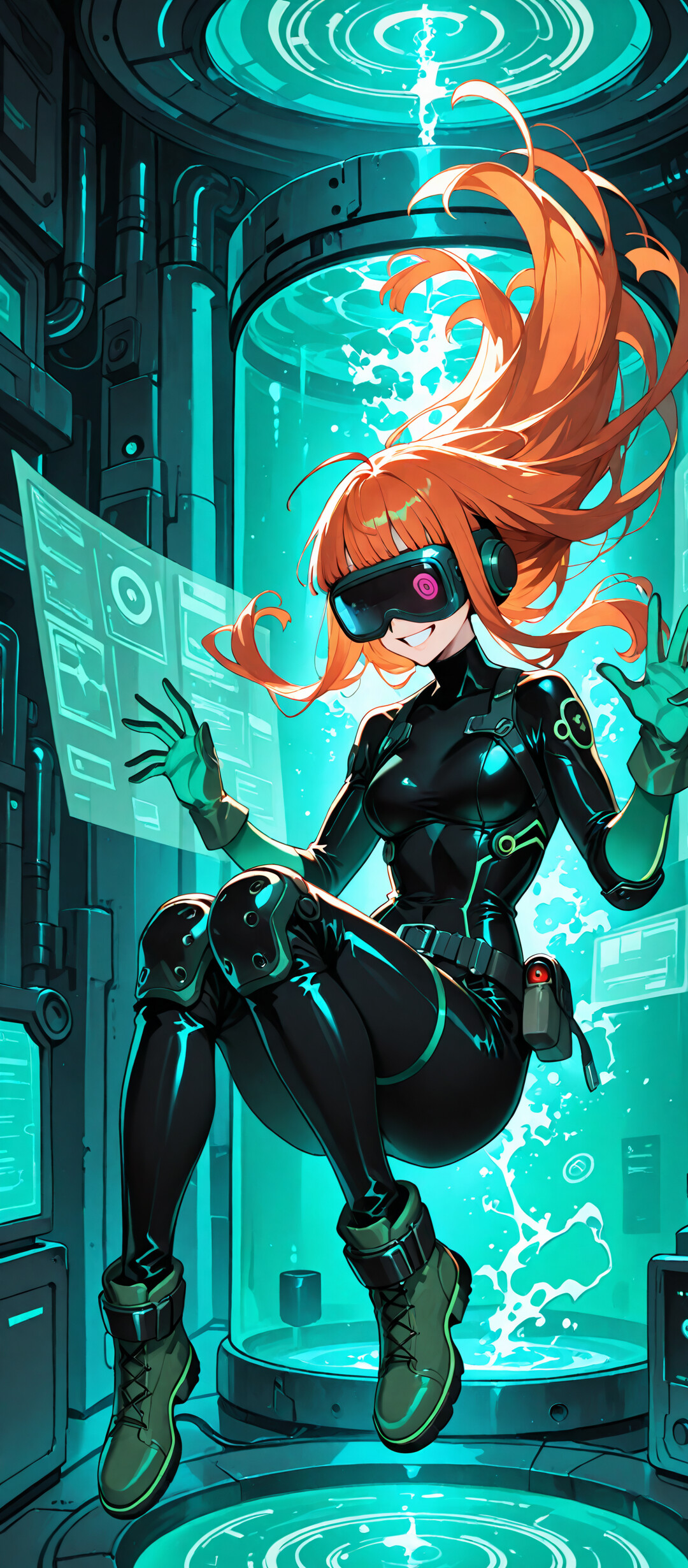Eine im Anime-Stil gehaltene Illustration von Futaba Sakura aus Persona 5, die in einer futuristischen Umgebung schwebt. Sie hat langes, orangefarbenes Haar, trägt eine Brille und hat ein breites Lächeln. Sie ist in ihren schwarzen Oracle-Anzug gekleidet, dazu ein VR-Headset, grüne Handschuhe und Stiefel, und ihre Arme sind in die Luft erhoben.