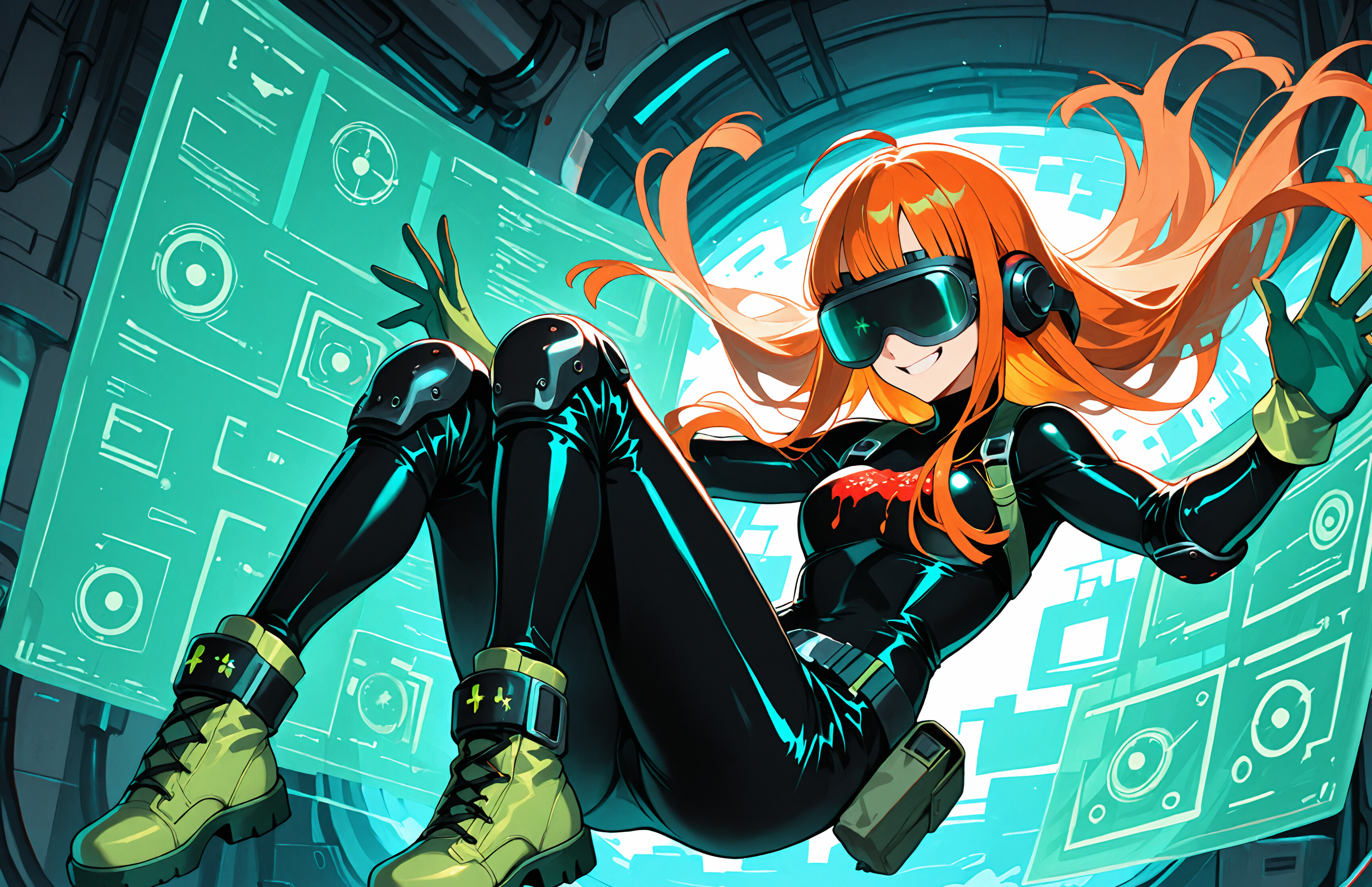 Eine im Anime-Stil gehaltene Illustration von Futaba Sakura aus Persona 5, die in einer futuristischen Umgebung schwebt. Sie hat langes, orangefarbenes Haar, trägt eine Brille und hat ein breites Lächeln. Sie ist in ihren schwarzen Oracle-Anzug gekleidet, dazu ein VR-Headset, grüne Handschuhe und Stiefel, und ihre Arme sind in die Luft erhoben.