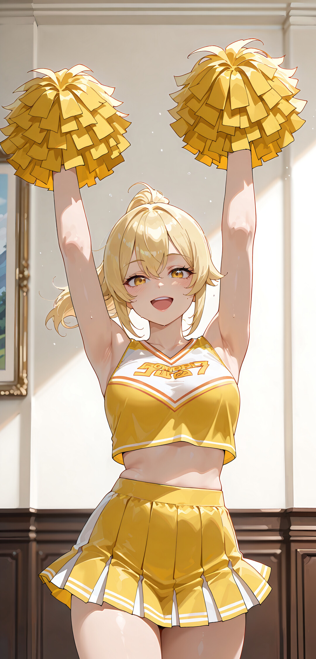 Eine im Anime-Stil gehaltene Illustration von Lumine aus Genshin Impact als Cheerleaderin. Sie ist ein blondes Mädchen mit goldenen Augen, lächelt und hält zwei gelbe Pompons in einem hellen, fensterhellen Raum.
