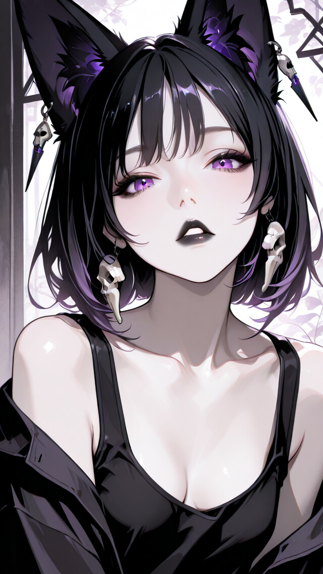 Eine im Anime-Stil gehaltene Illustration eines Mädchens mit schwarzen Fuchsöhren, violetten Augen und schwarzem Lippenstift. Sie trägt Schädel-Ohrringe und ein schwarzes ärmelloses Oberteil und blickt den Betrachter mit einem verführerischen Ausdruck direkt an.