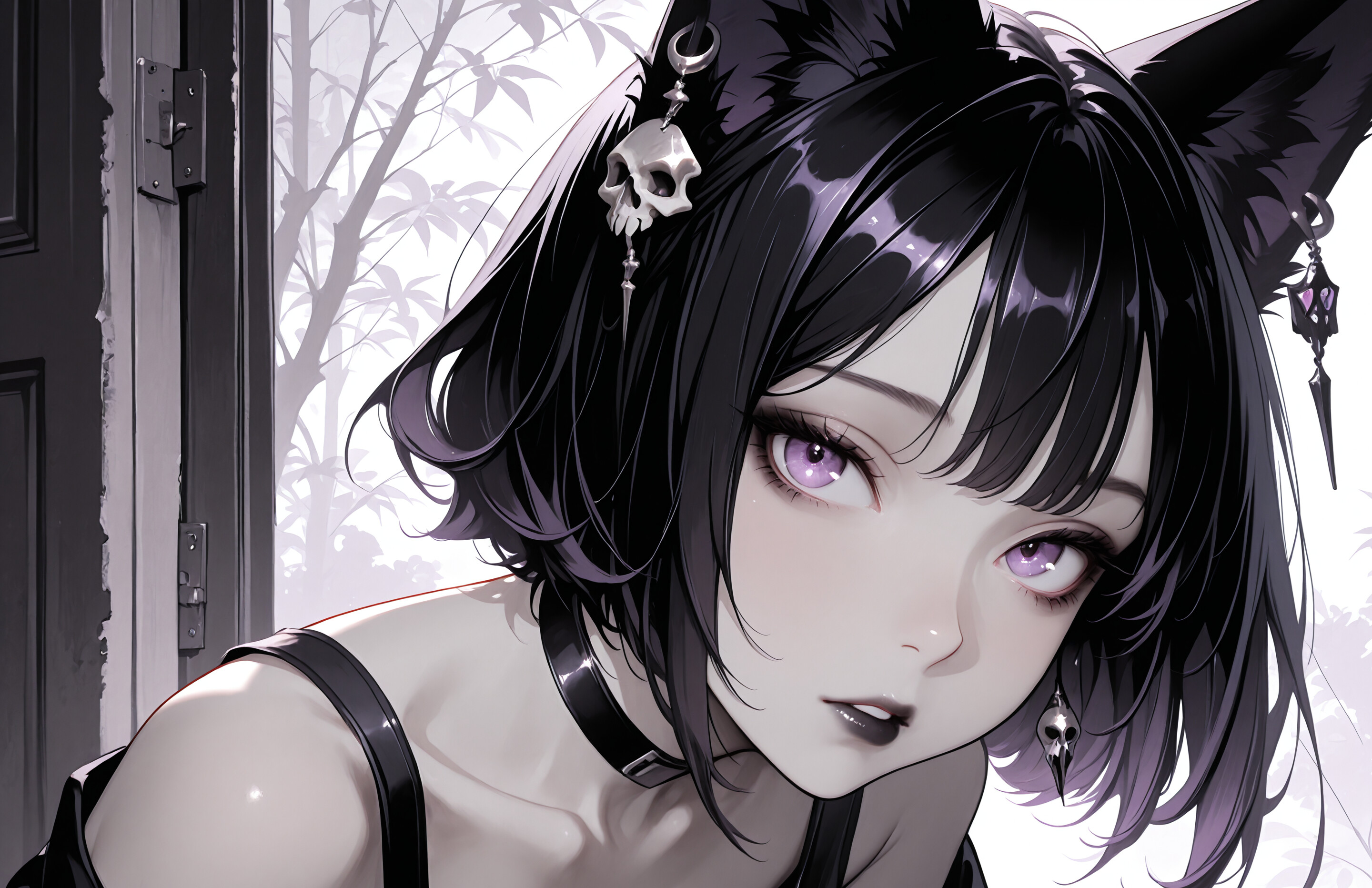 Eine im Anime-Stil gehaltene Illustration eines Mädchens mit schwarzen Fuchsöhren, violetten Augen und schwarzem Lippenstift. Sie trägt Schädel-Ohrringe und ein schwarzes ärmelloses Oberteil und blickt den Betrachter mit einem verführerischen Ausdruck direkt an.