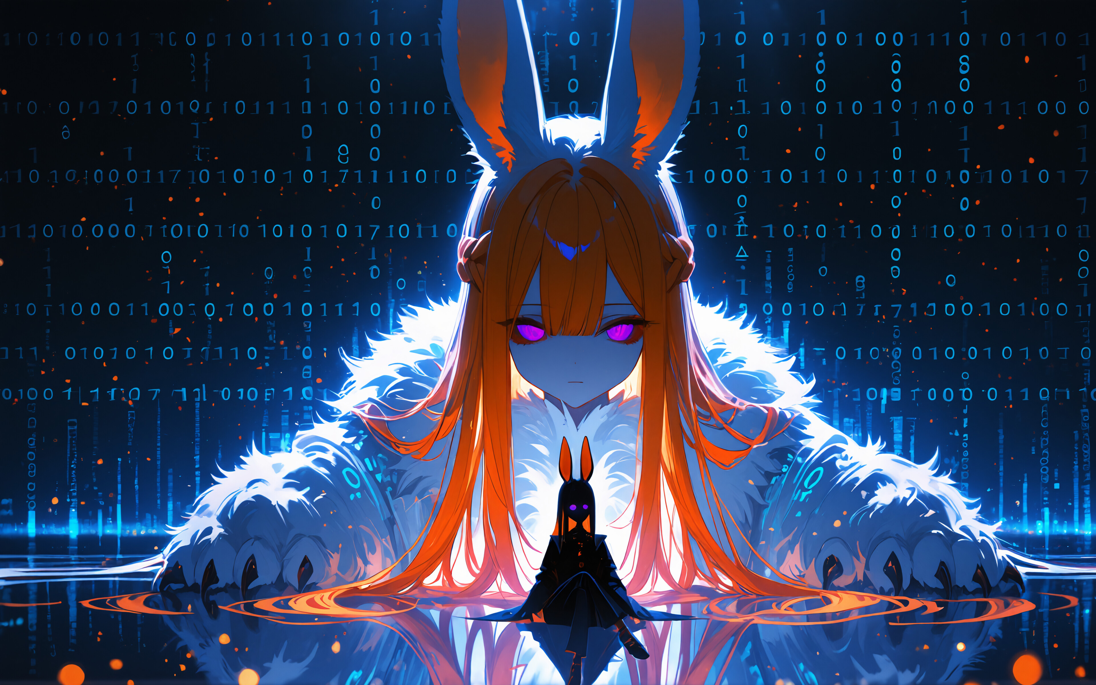 Eine im Anime-Stil gehaltene Illustration eines Mädchens mit orangefarbenem Haar und Hasenohren, das vor einem riesigen, leuchtend weißen Hasen mit einem dritten Auge sitzt, alles in einer futuristischen digitalen Welt, in der binärer Code herabfällt.
