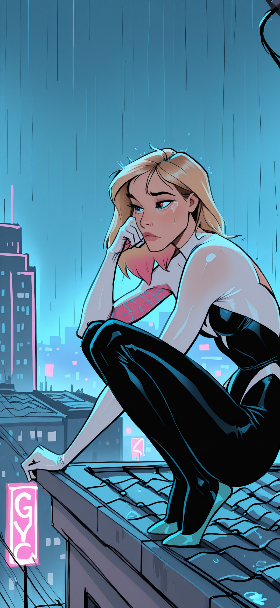 Gwen Stacy als Spider-Gwen in ihrem berühmten schwarz-weißen Kostüm, wie sie nachdenklich auf einem nassen Dach in einer regnerischen, neonbeleuchteten Stadt in der Nacht kauert.