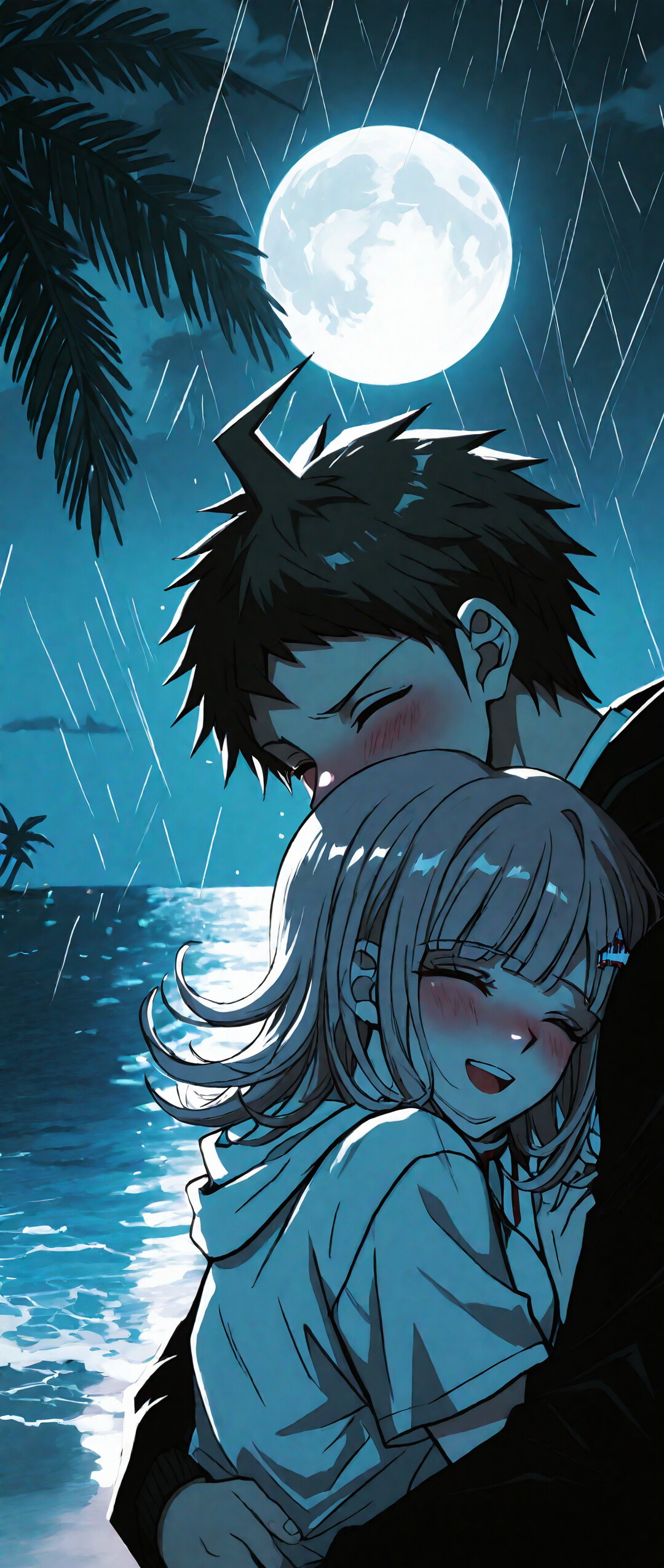 Anime-Fanart von Hajime Hinata und Chiaki Nanami aus Danganronpa, die sich in einer liebevollen Umarmung an einem regnerischen Strand in der Nacht befinden, im Hintergrund ein Vollmond und Palmen.