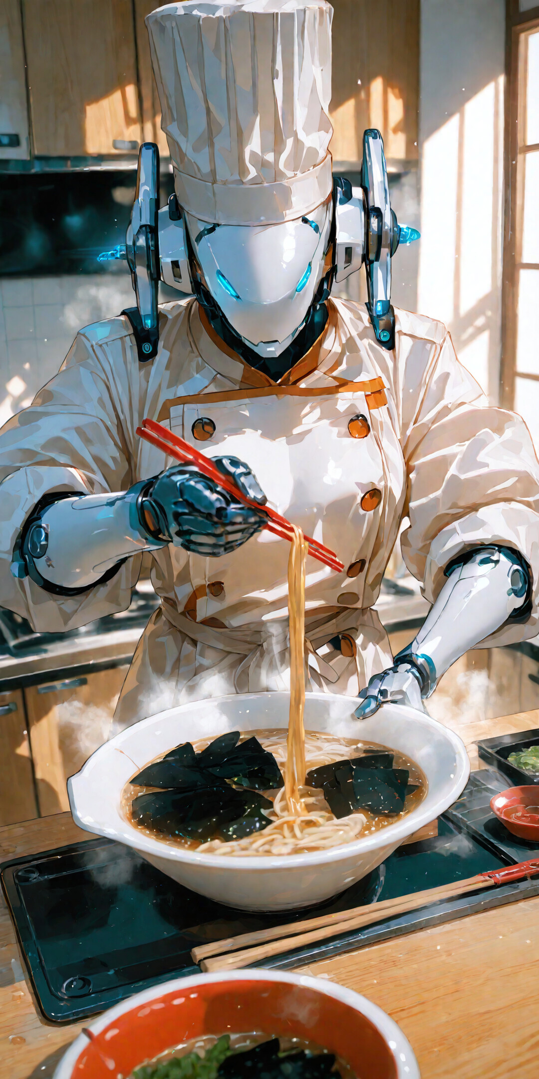 Ein weißer, futuristischer Roboter, gekleidet in eine vollständige Kochuniform, einschließlich einer hohen Kochmütze, benutzt rote Essstäbchen, um Nudeln aus einer dampfenden Schüssel japanischen Ramen in einer Küche zu nehmen.
