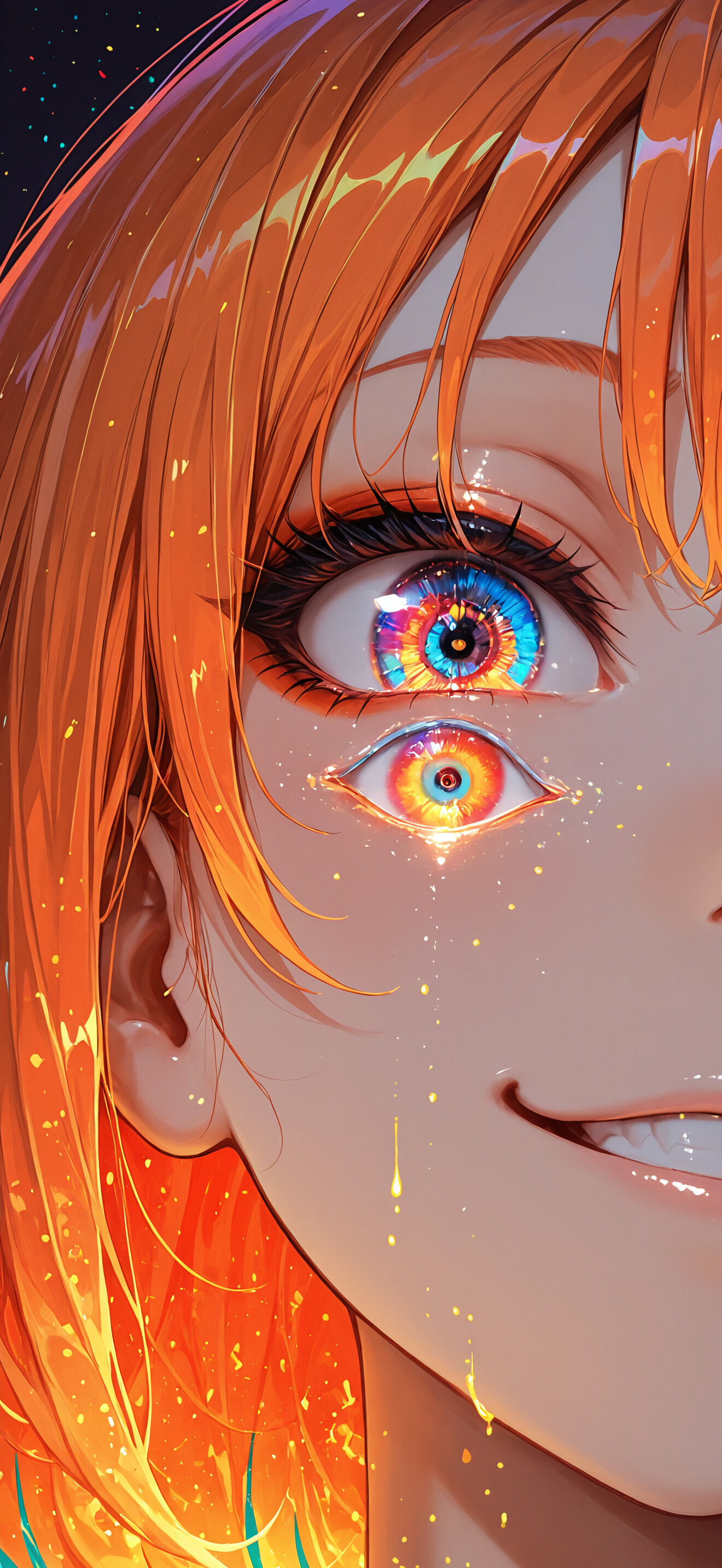 Eine Nahaufnahme einer Anime-Figur, die ein Mädchen mit leuchtend orangefarbenem Haar und einem selbstgefälligen Lächeln zeigt. Ihre Augen stehen im Mittelpunkt und weisen komplizierte, leuchtende, kaleidoskopartige Muster mit Ringen in Regenbogenfarben auf.