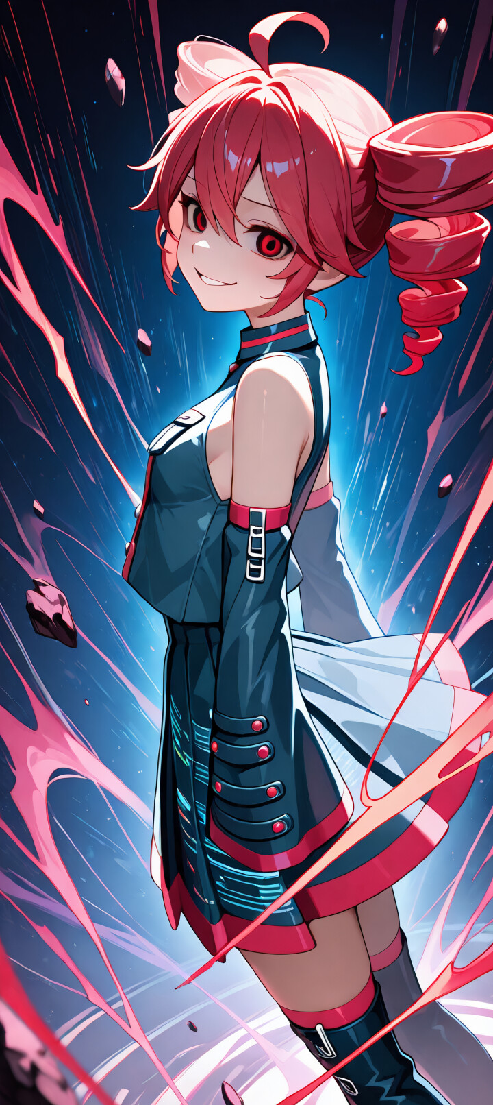 Eine im Anime-Stil gehaltene Illustration von Kasane Teto mit roten, zu Zöpfen geflochtenen Haaren und einem verschmitzten Lächeln. Sie trägt ein futuristisches, blau-rotes Outfit und steht inmitten von wirbelnder, pinkfarbener Energie und schwebenden Felsen vor einem hell leuchtenden Portal.
