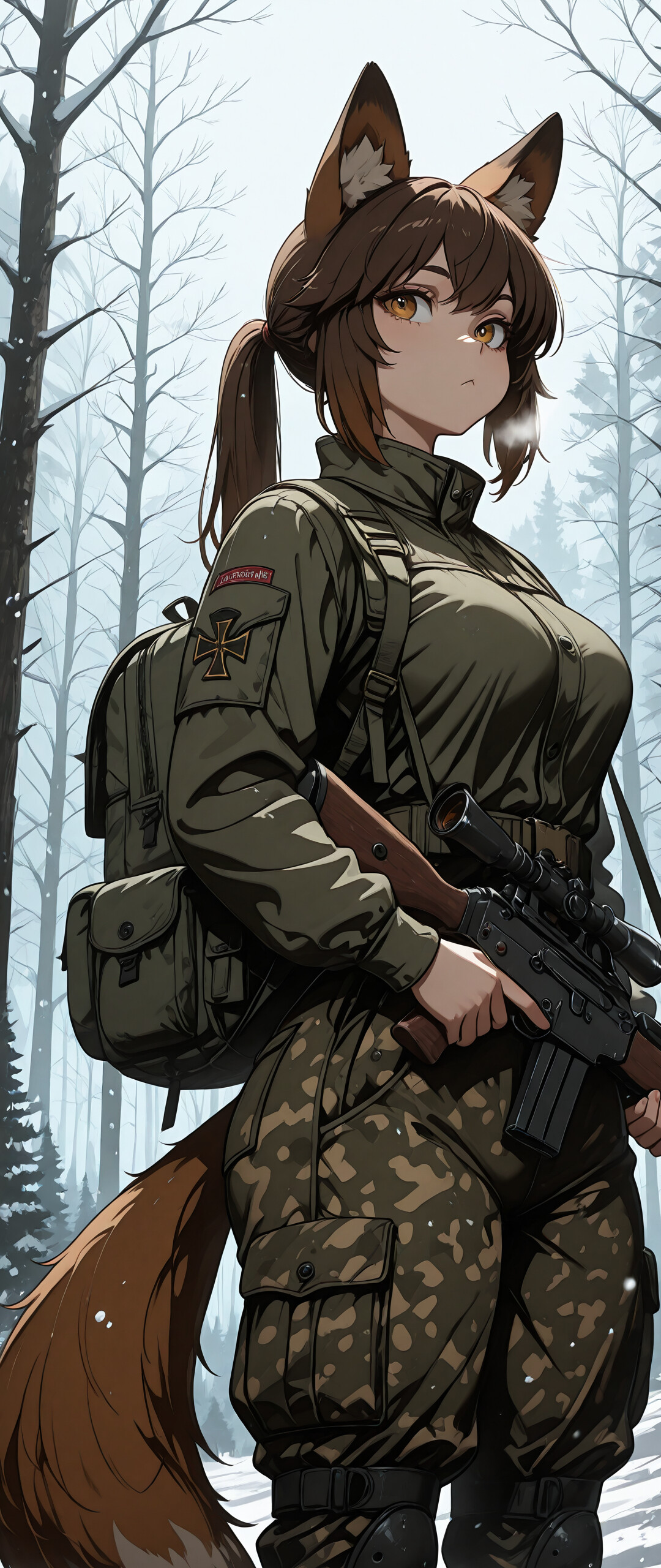 Ein Anime-Mädchen mit Fuchs-Aussehen, braunen Haaren, die zu einem Pferdeschwanz gebunden sind, trägt eine grüne Militärjacke und Tarnhosen und steht in einem verschneiten Wald, wobei sie ein Scharfschützengewehr hält.