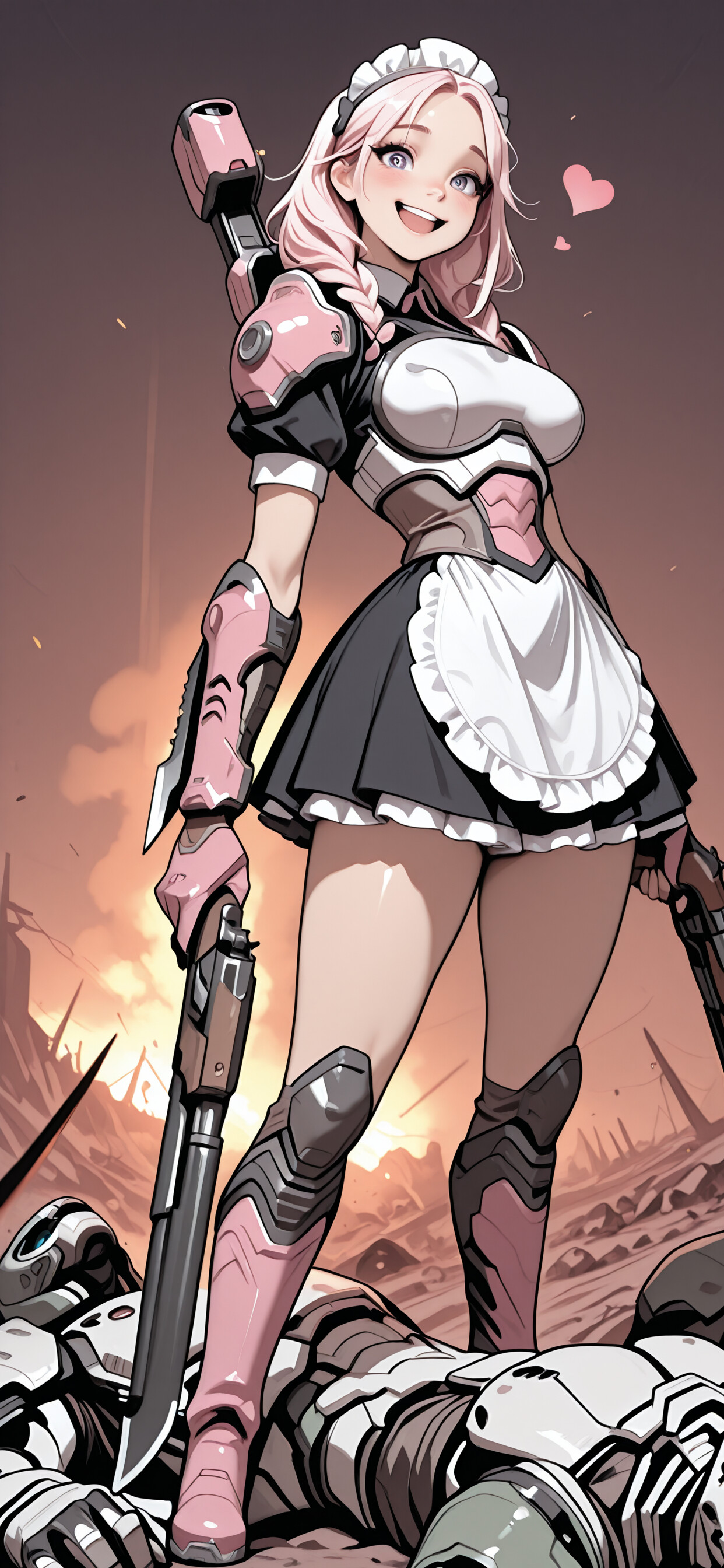 Ein Anime-Mädchen mit pinken Haaren, gekleidet in einem Kampf-Zofe-Outfit, hält auf einem feurigen Schlachtfeld zwei Schrotflinten und lächelt, während sie über einer besiegten Zofe steht. Im Hintergrund sind Figuren in Doom-Slayer-Rüstung zu sehen.
