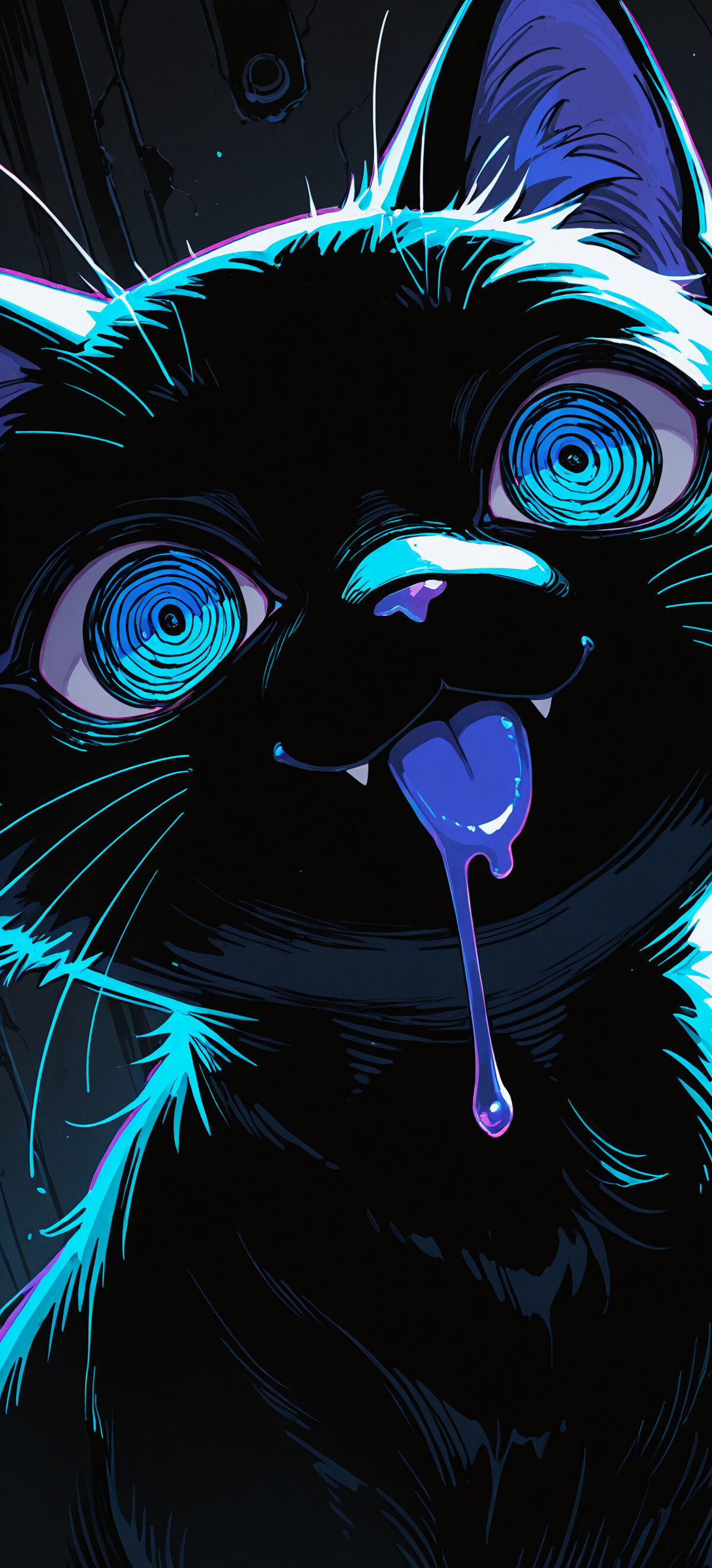 Eine stilisierte, detailreiche Illustration des Gesichts einer weißen Katze. Die Katze hat riesige, dunkle Augen mit violetten Akzenten, stachelige, schwarze Haare auf dem Kopf und einen weit geöffneten Mund, aus dem die Zunge herausragt und Speichel tropft. Sie trägt ein schwarzes Halsband mit Stacheln und eine goldene Glocke.