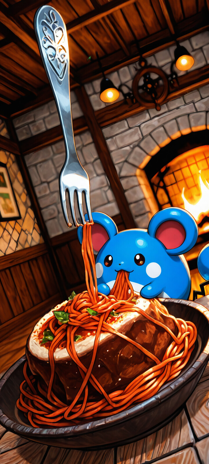 Das Pokémon Marill, ein rundes, blaues Wesen mit großen Ohren, sitzt an einem Holztisch in einem rustikalen Raum und isst vergnügt einen großen Teller Spaghetti, wobei es die Gabel im Maul hält. Im gemütlichen Hintergrund sind ein warmer Kamin und ein Regal mit Flaschen zu sehen.