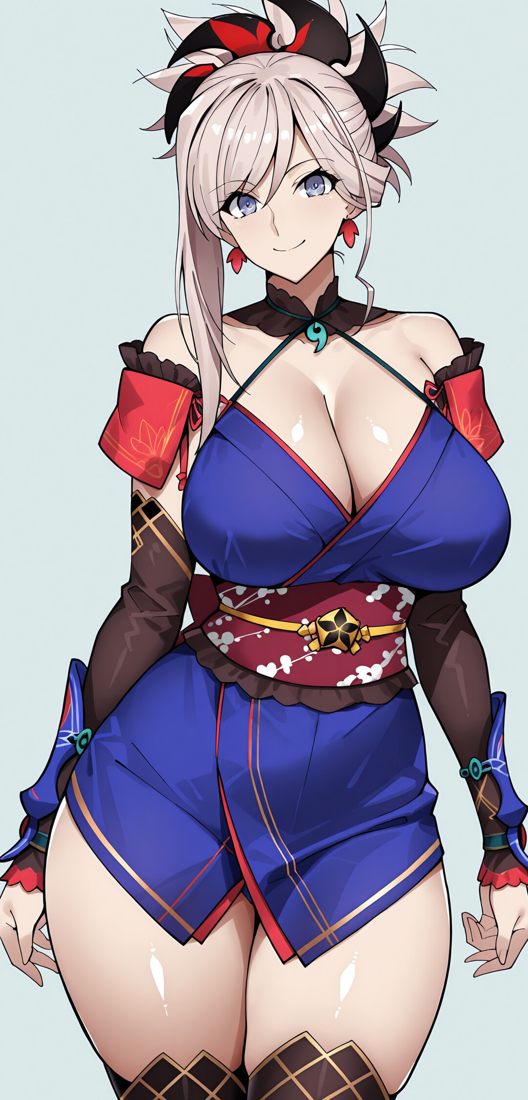 Eine im Anime-Stil gehaltene Illustration von Miyamoto Musashi aus Fate/Grand Order, die lächelnd ein blaues Kimono, braune Armschienen und ihr Haar in einem hohen Pferdeschwanz trägt.