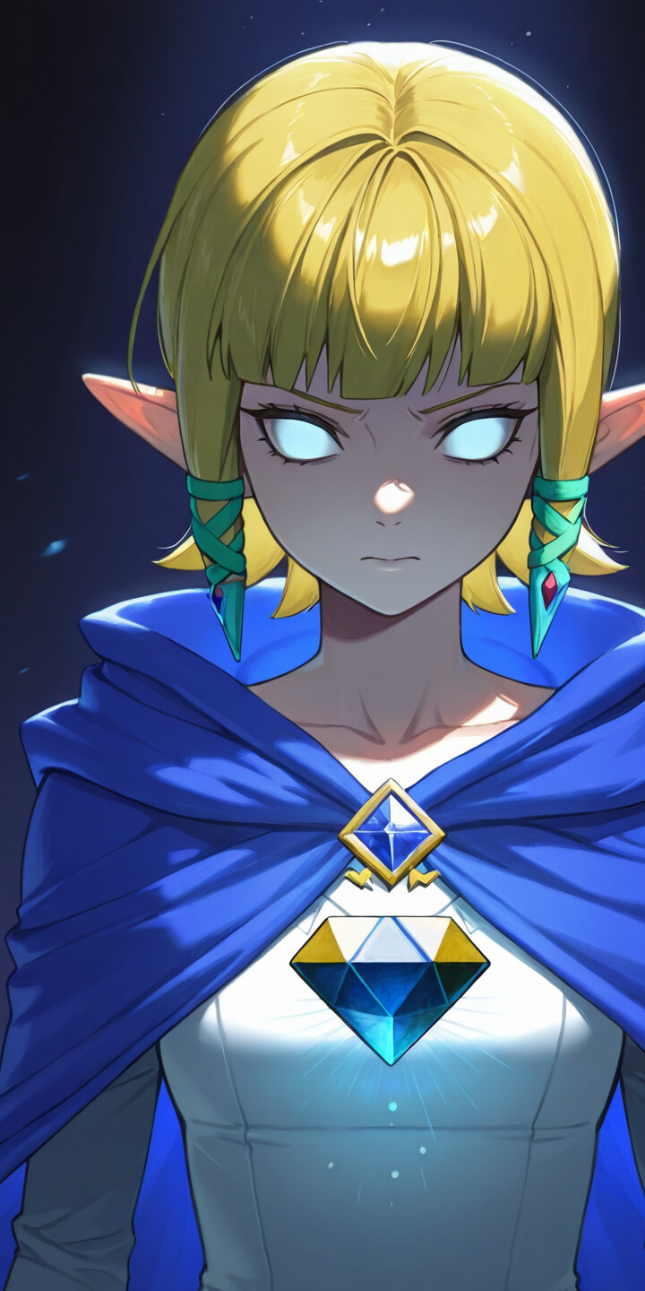 Eine im Anime-Stil gehaltene Illustration von Prinzessin Zelda mit leuchtend blauen Augen, die einen blauen Umhang mit Kapuze trägt und einen funkelnden blauen Edelstein in der Hand hält. Das Triforce-Symbol befindet sich auf ihrer Stirn.