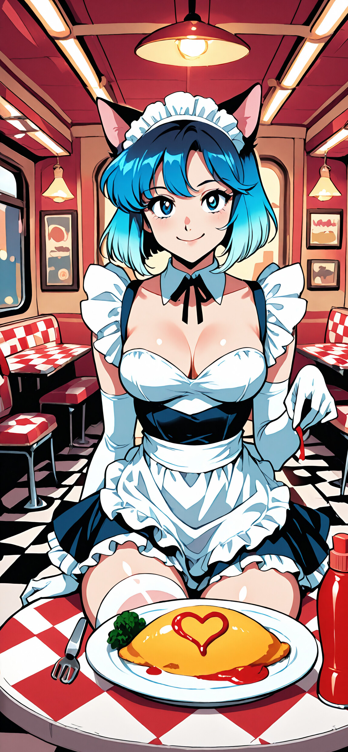 Ein Anime-Mädchen mit Katzenohren, kurzem, blau- und rosafarbenem Haar, gekleidet in einem Dienstmädchen-Outfit, lächelt, während sie eine Ketchupflasche über einen Teller mit Omurice hält, der in einem Retro-Diner mit einem Ketchup-Herz verziert ist.