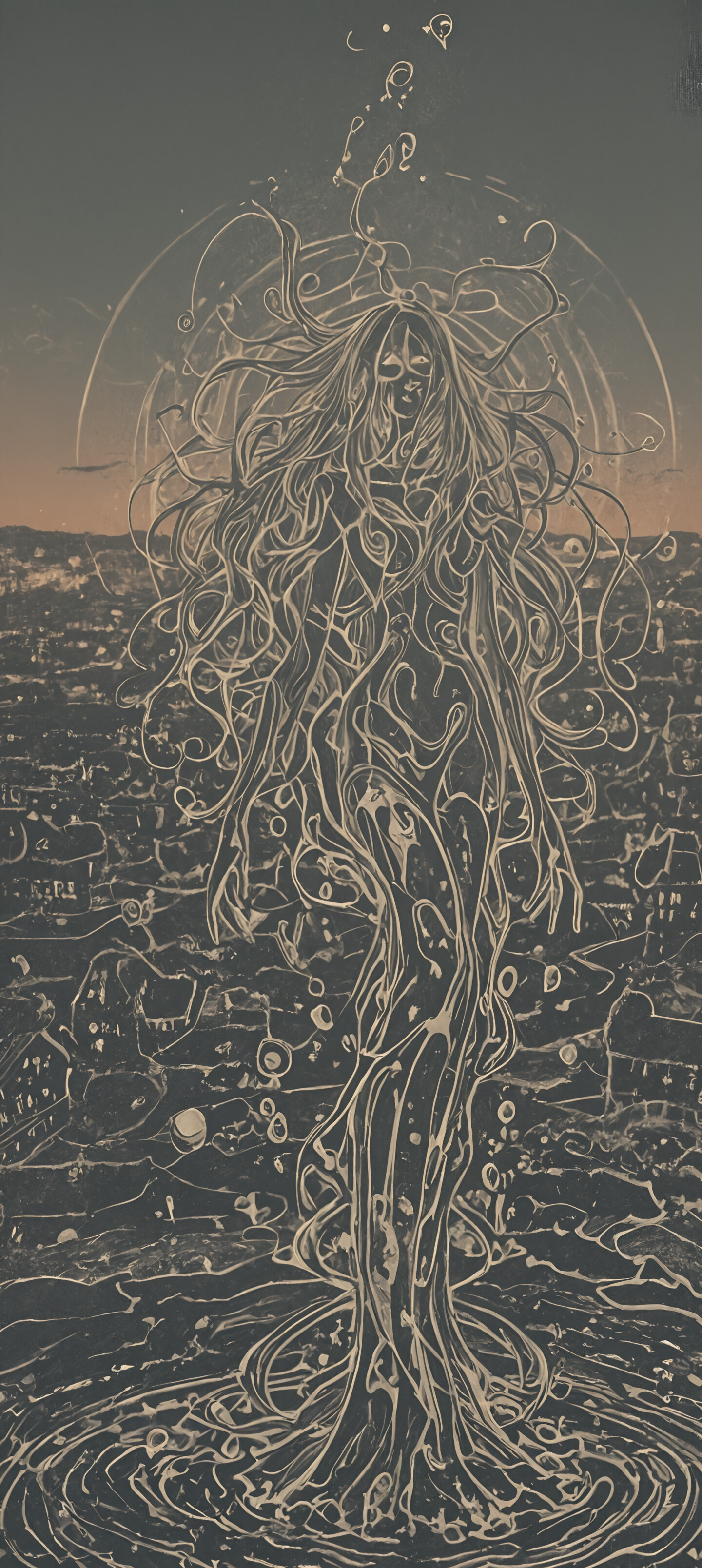 Ein abstraktes Gemälde mit einem dunklen Hintergrund, der von einem dichten, komplexen Netz aus wirbelnden goldenen Linien und Punkten bedeckt ist. In der oberen Mitte befindet sich eine einzelne, helle, leuchtende Lichtkugel, die als zentraler Blickpunkt dient.