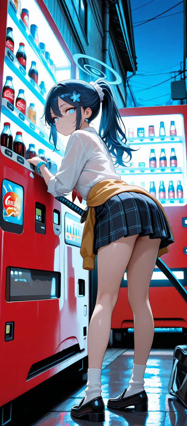 Ein Anime-Mädchen mit hellblauem Haar, einem Heiligenschein und leuchtend blauen Augen, das als Arona aus Blue Archive identifiziert wird, steht in einer dunklen Gasse einer Stadt und hält ein leuchtend blaues Katana neben einem roten Verkaufsautomaten.