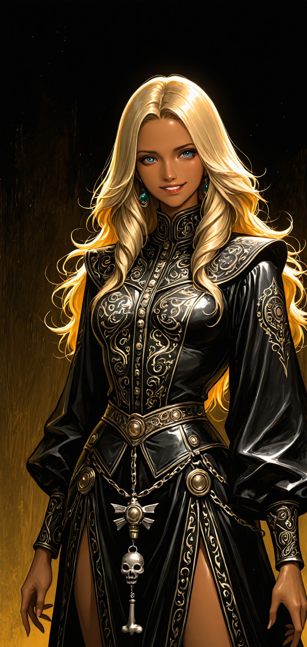 Ein digitales Gemälde, das eine junge Frau von der Taille aufwärts zeigt. Sie hat langes, gewelltes, blondes Haar und blaue Augen und lächelt sanft. Sie trägt ein aufwendig gestaltetes, schwarz-goldenes Fantasy-Kleid mit hohem Kragen vor einem dunklen Hintergrund.