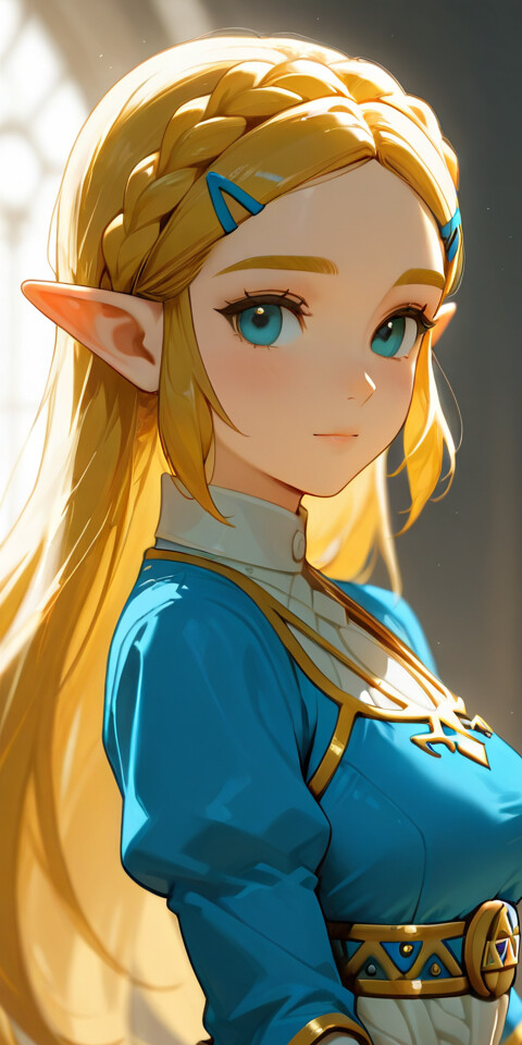 Eine im Anime-Stil gehaltene Illustration der Prinzessin Zelda aus der Spielreihe „The Legend of Zelda“. Sie hat langes, blondes Haar, das zu einem Zopf geflochten ist, blaue Augen und spitze Ohren. Sie blickt über ihre Schulter, während sie ein blaues und goldenes Kleid trägt.
