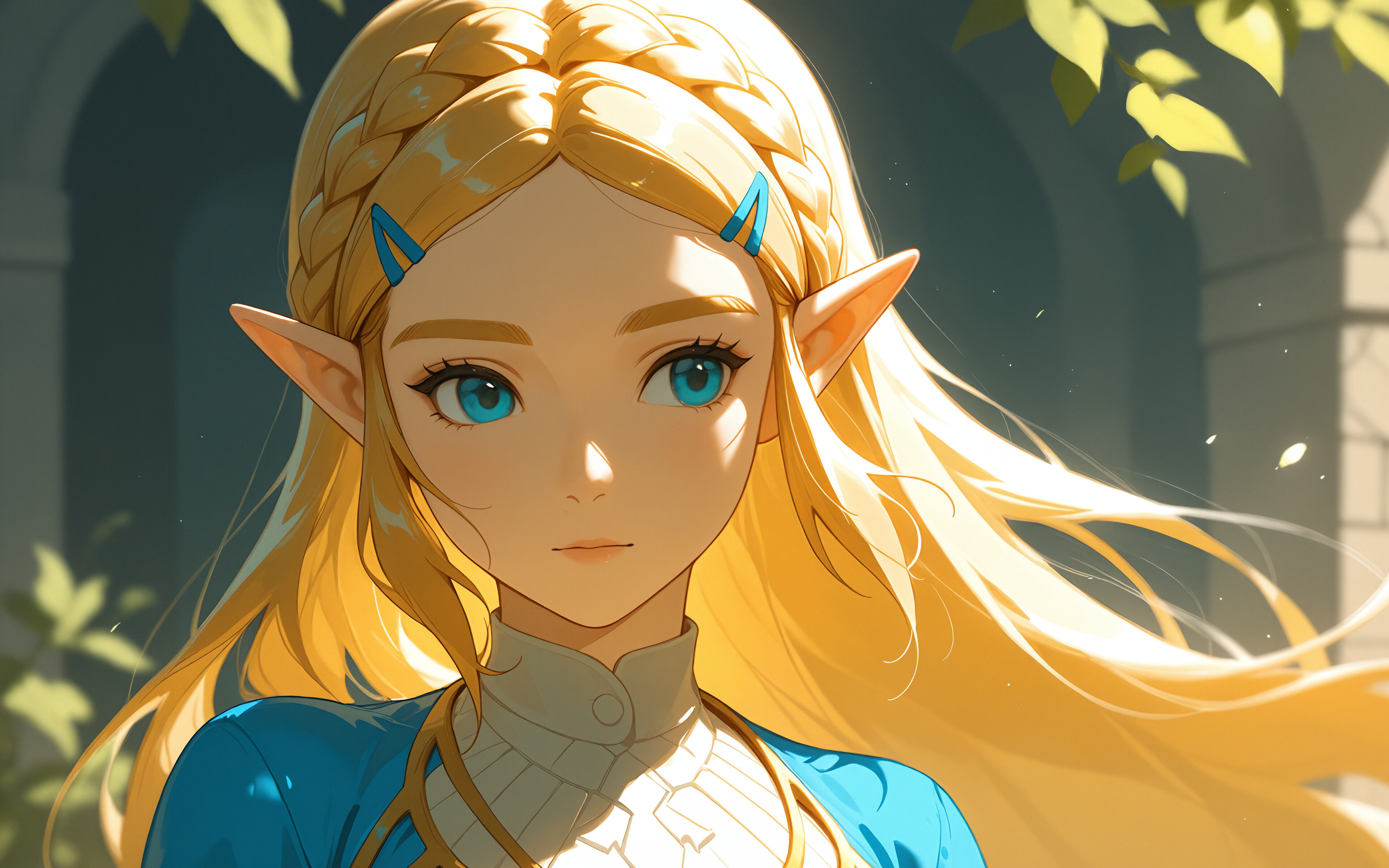 Eine im Anime-Stil gehaltene Illustration der Prinzessin Zelda aus der Spielreihe „The Legend of Zelda“. Sie hat langes, blondes Haar, das zu einem Zopf geflochten ist, blaue Augen und spitze Ohren. Sie blickt über ihre Schulter, während sie ein blaues und goldenes Kleid trägt.