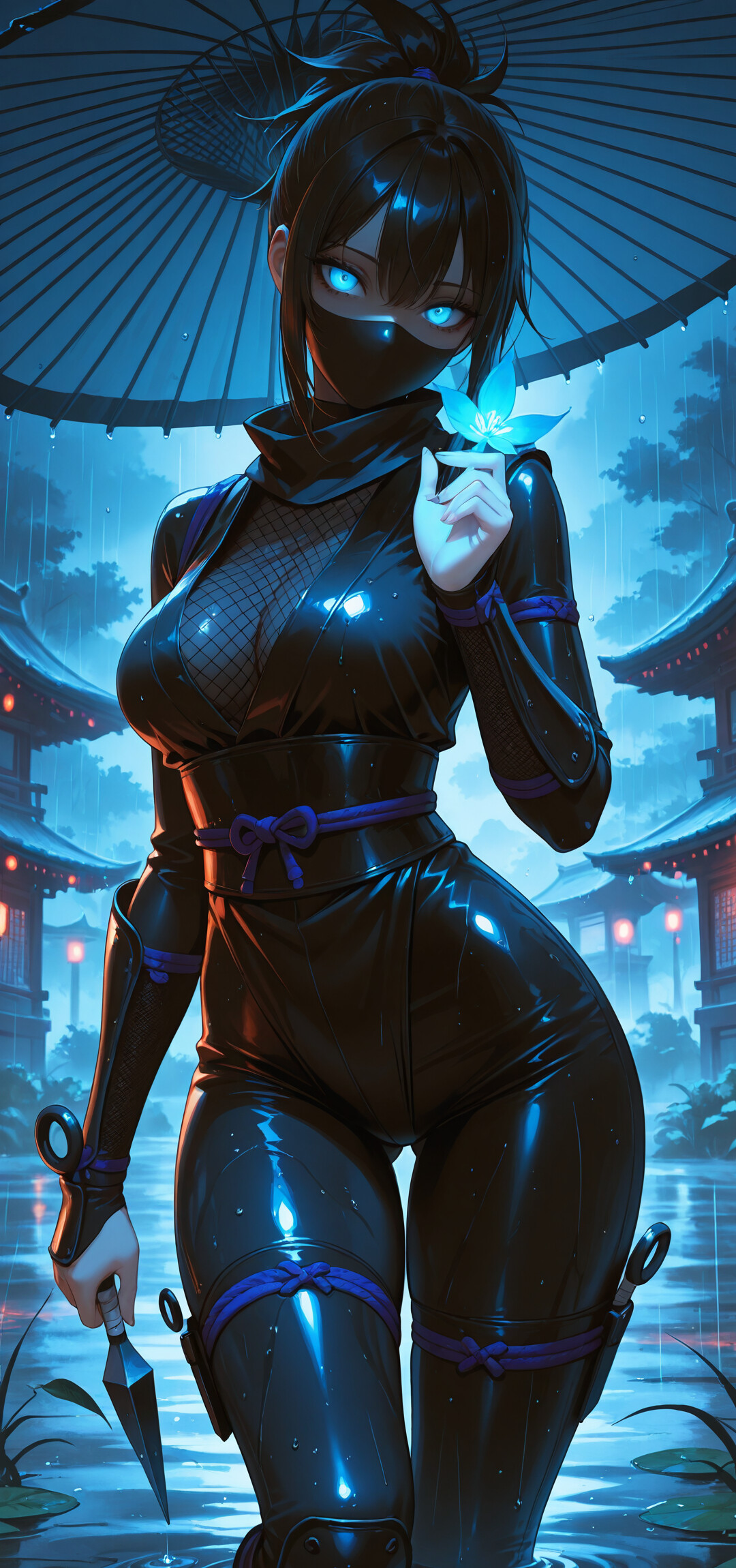Eine weibliche Anime-Ninja mit leuchtend roten Augen und einem schwarzen, kapuzenartigen Outfit steht nachts im Regen. In der einen Hand hält sie einen roten Regenschirm, in der anderen ein Kunai-Messer. Im Hintergrund sind japanische Gebäude zu sehen, die von Laternen beleuchtet werden.