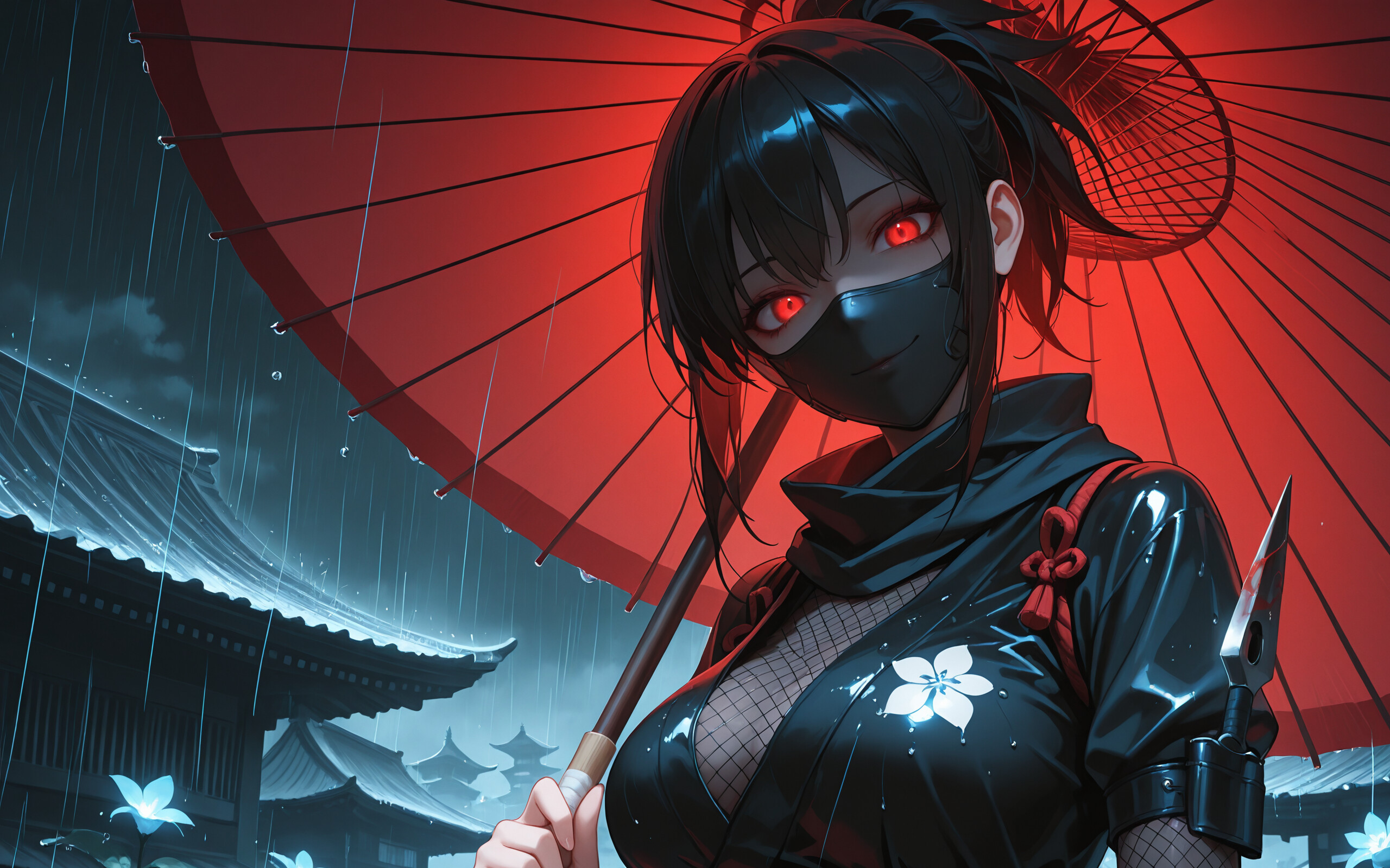 Eine weibliche Anime-Ninja mit leuchtend roten Augen und einem schwarzen, kapuzenartigen Outfit steht nachts im Regen. In der einen Hand hält sie einen roten Regenschirm, in der anderen ein Kunai-Messer. Im Hintergrund sind japanische Gebäude zu sehen, die von Laternen beleuchtet werden.