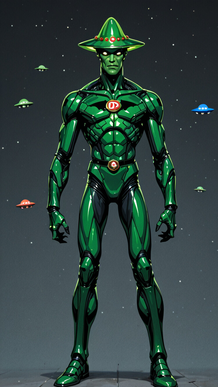 Ein großes, grünes, cartoonhaftes Flugobjekt in Form einer Scheibe mit leuchtend gelben Lichtern und einer Antenne, vor einem dunkelblauen Himmel mit weißen Sternen.