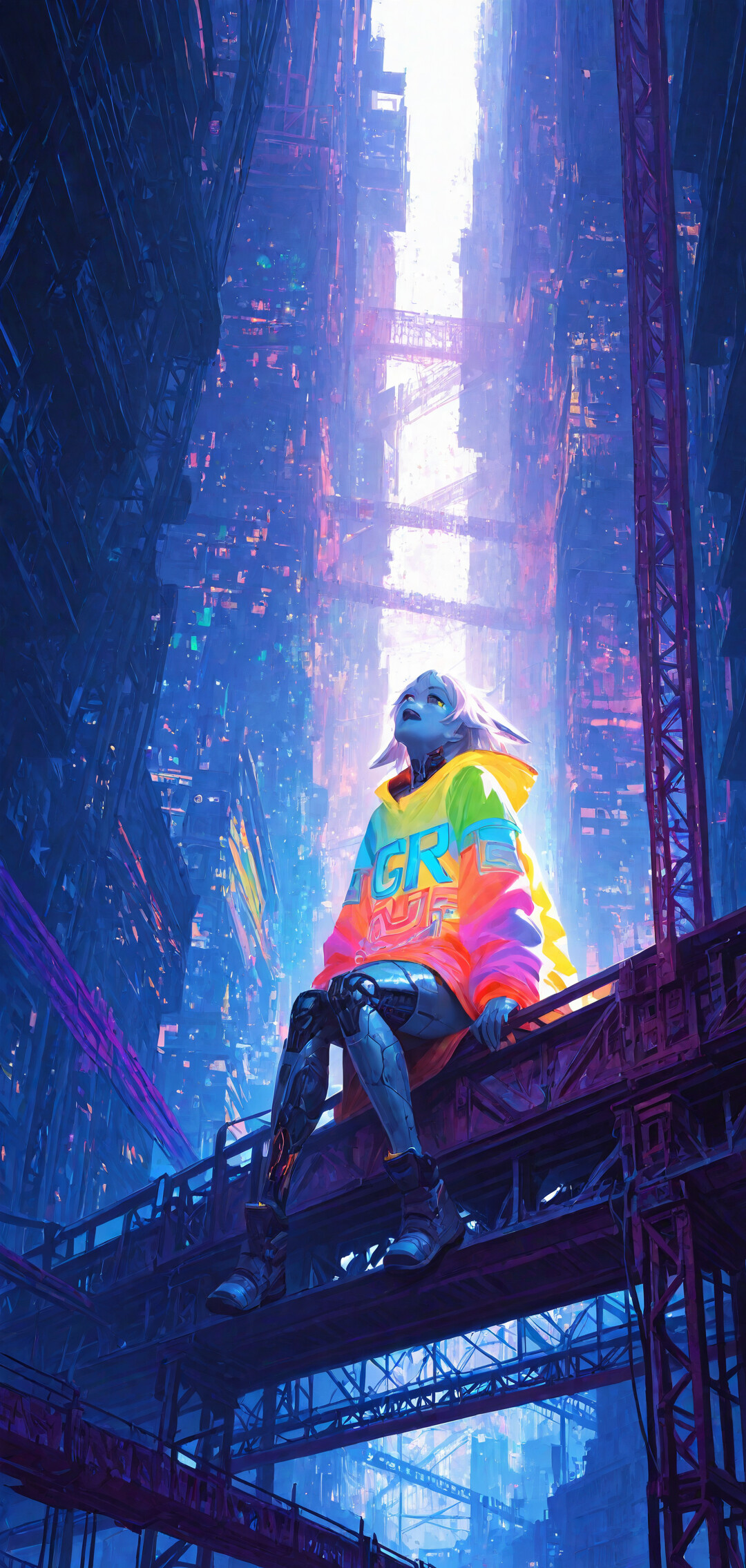 Eine junge Frau mit weißen Haaren und einem bunten, übergroßen Pullover sitzt auf einem Dach und blickt in den Nachthimmel über einer riesigen, futuristischen Cyberpunk-Stadt, die von blauem und violettem Neonlicht erhellt wird.