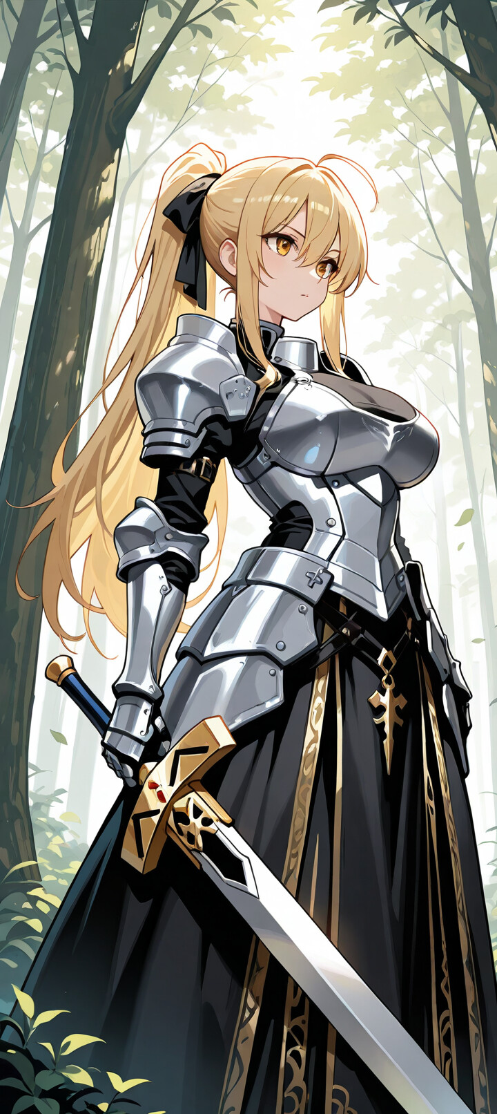Eine Anime-Illustration von Saber Artoria Pendragon, einer blonden Ritterin in vollständiger silberner Rüstung und einem schwarzen Kleid, die auf dem grasbewachsenen Boden eines sonnendurchfluteten Waldes ruht, wobei ihr Schwert Excalibur neben ihr liegt.