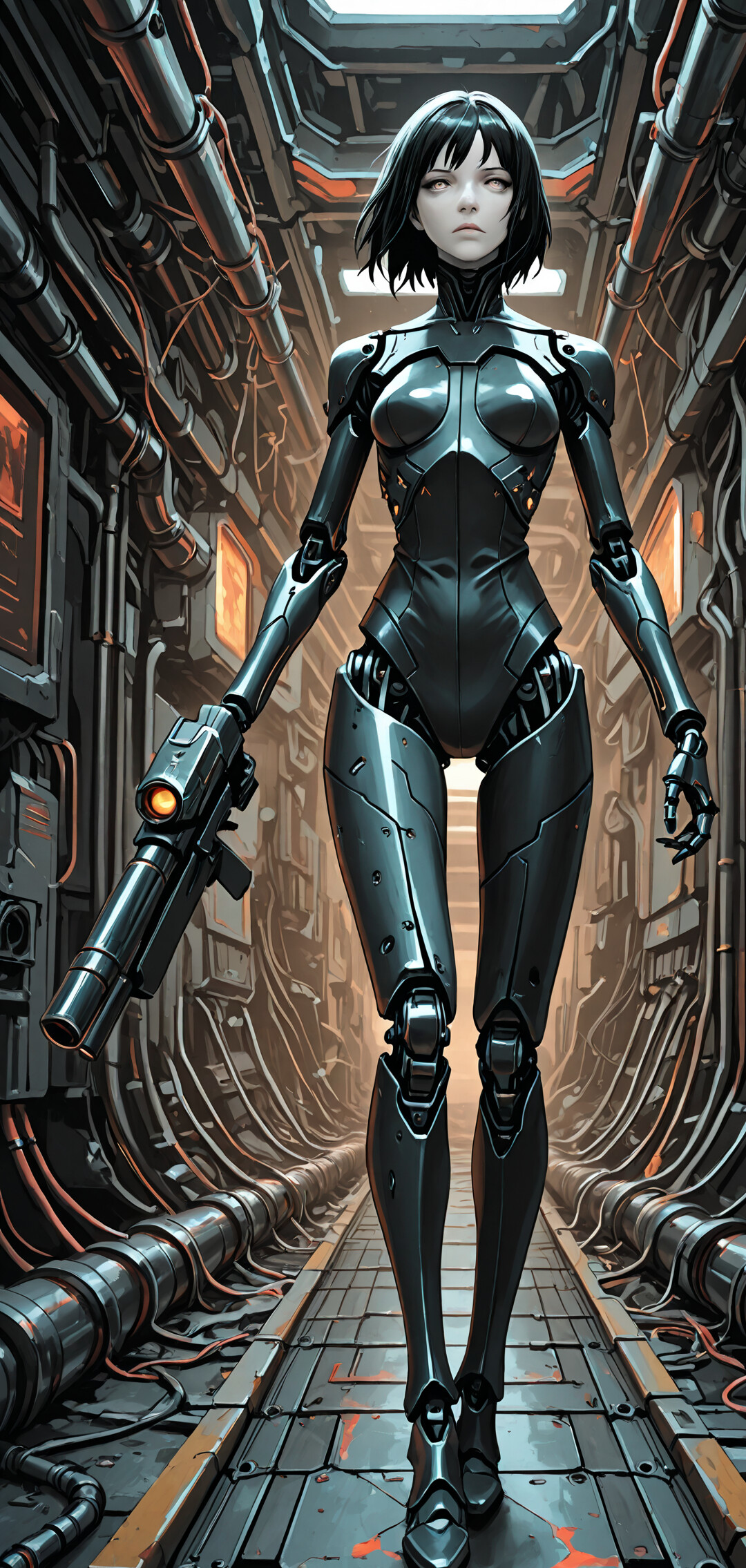 Eine Ganzkörperdarstellung der Cyborg-Figur Sanakan aus dem Manga BLAME!, die auf den Betrachter zugeht. Sie befindet sich in einem dunklen, schmalen, industriellen Sci-Fi-Korridor, der mit Rohren und Kabeln gefüllt ist. Sie hat kurze, schwarze Haare und hält eine große Waffe.