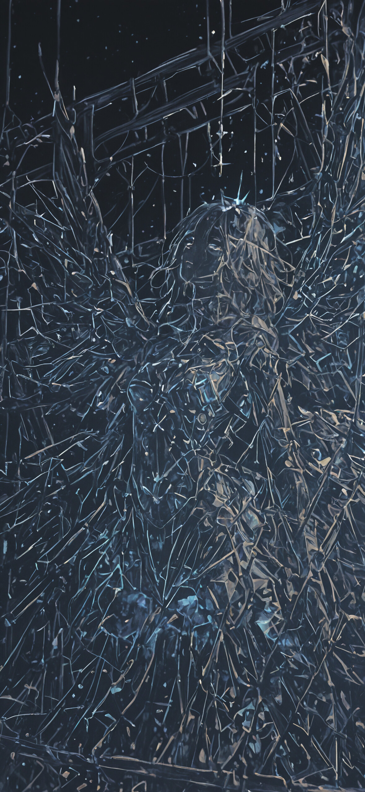 Eine himmlische, engelhafte Gestalt mit großen Flügeln steht vor einem dunklen, von Sternen übersäten Hintergrund. Die Gestalt und ihre Flügel bestehen aus unzähligen leuchtenden, blauen und goldenen Fragmenten, die an zerbrochene Sterne oder kosmisches Glas erinnern.