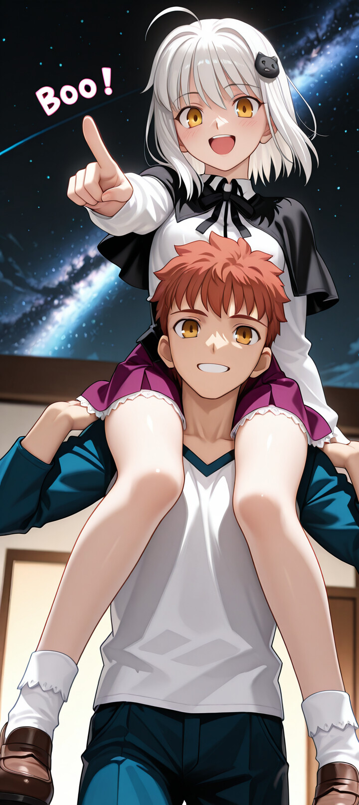 Shirou Emiya aus der Fate-Reihe lächelt, während er Sitonai, einem Mädchen mit weißen Haaren, in der Nacht eine Schulterpartie gibt. Sie zeigt aufgeregt nach vorne, während über ihnen ein Sternenhimmel mit der sichtbaren Milchstraße leuchtet.