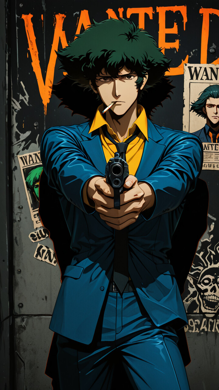 Eine im Anime-Stil gehaltene Illustration von Spike Spiegel aus Cowboy Bebop, der mit einer Pistole auf die Kamera zielt. Er hat zerzaustes, dunkelgrünes Haar, eine Zigarette im Mund und trägt einen blauen Anzug. Hinter ihm befindet sich eine Wand mit einem großen, leuchtenden „GESUCHT“-Schild.