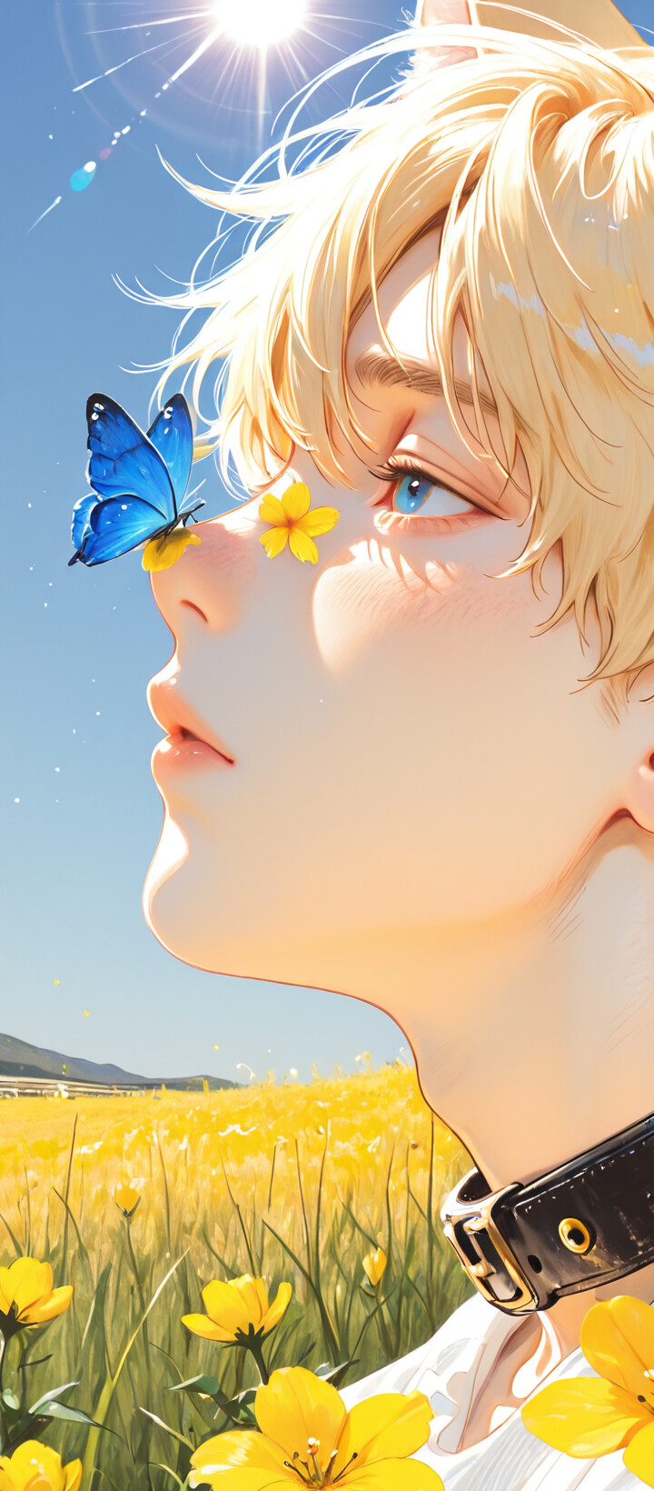 Eine im Anime-Stil gehaltene Illustration eines jungen Mannes mit blonden Haaren und Katzenohren, dargestellt im Profil. Er befindet sich auf einer sonnigen Blumenwiese mit gelben Blüten und blickt zu einem blauen Schmetterling auf, der sich in seiner Nähe befindet. Er trägt ein schwarzes Halsband und ein weißes Hemd.