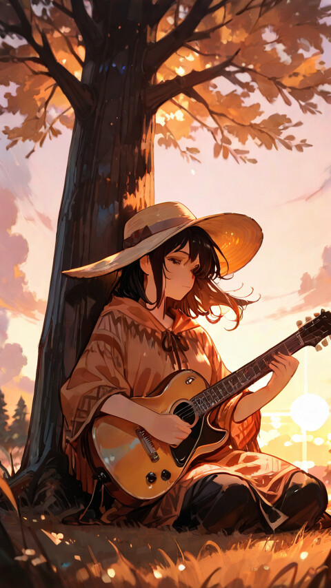 Ein Mädchen im Anime-Stil mit dunklem Haar, das einen Poncho und einen breitkrempigen Hut trägt, sitzt bei Sonnenuntergang an einem großen Baum und spielt friedlich auf einer akustischen Gitarre.