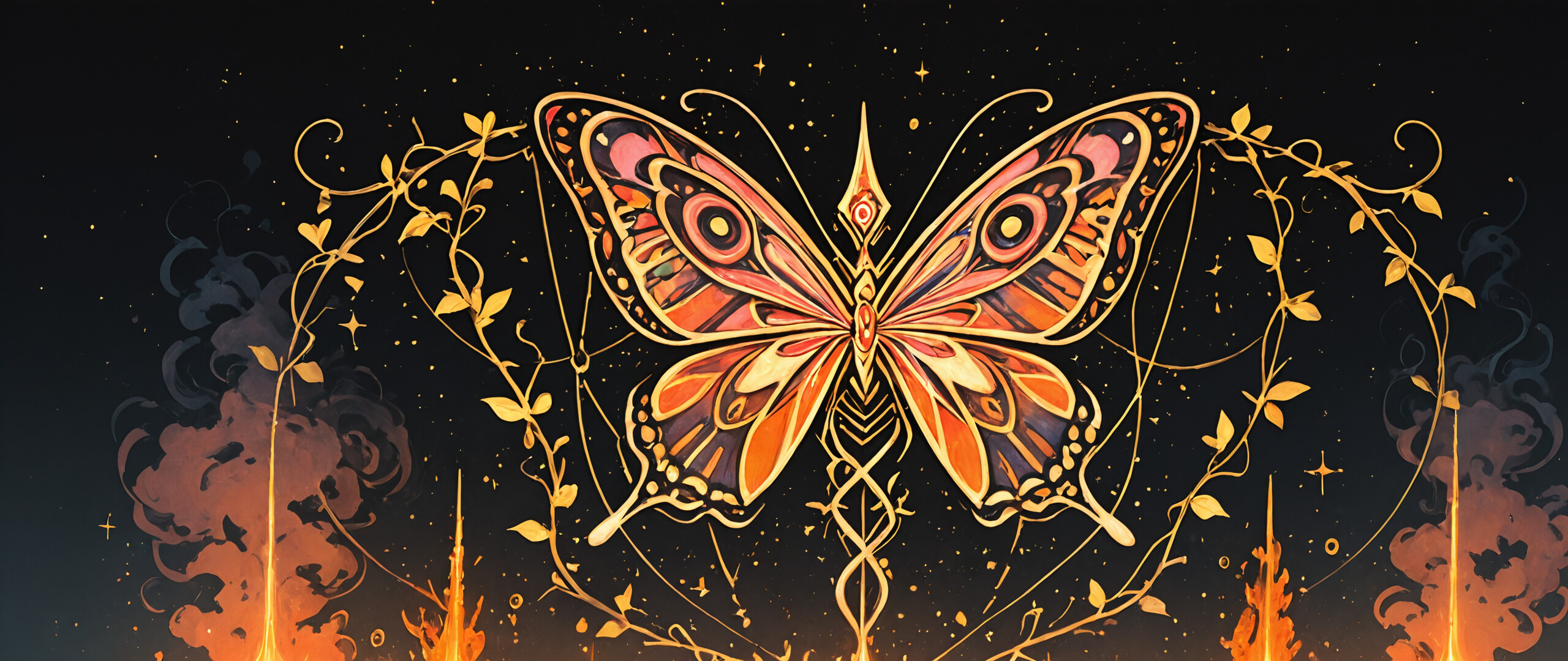 Ein kunstvolles, goldenes, kreisförmiges Artefakt mit schaltungsmäßigen Mustern und türkisfarbenen Edelsteinen, vor einem dunklen, sternenübersäten Hintergrund. In der Mitte befindet sich eine hell leuchtende, sternähnliche Explosion aus orange- und weißem Licht, die einem künstlichen Sonnenaufgang ähnelt.