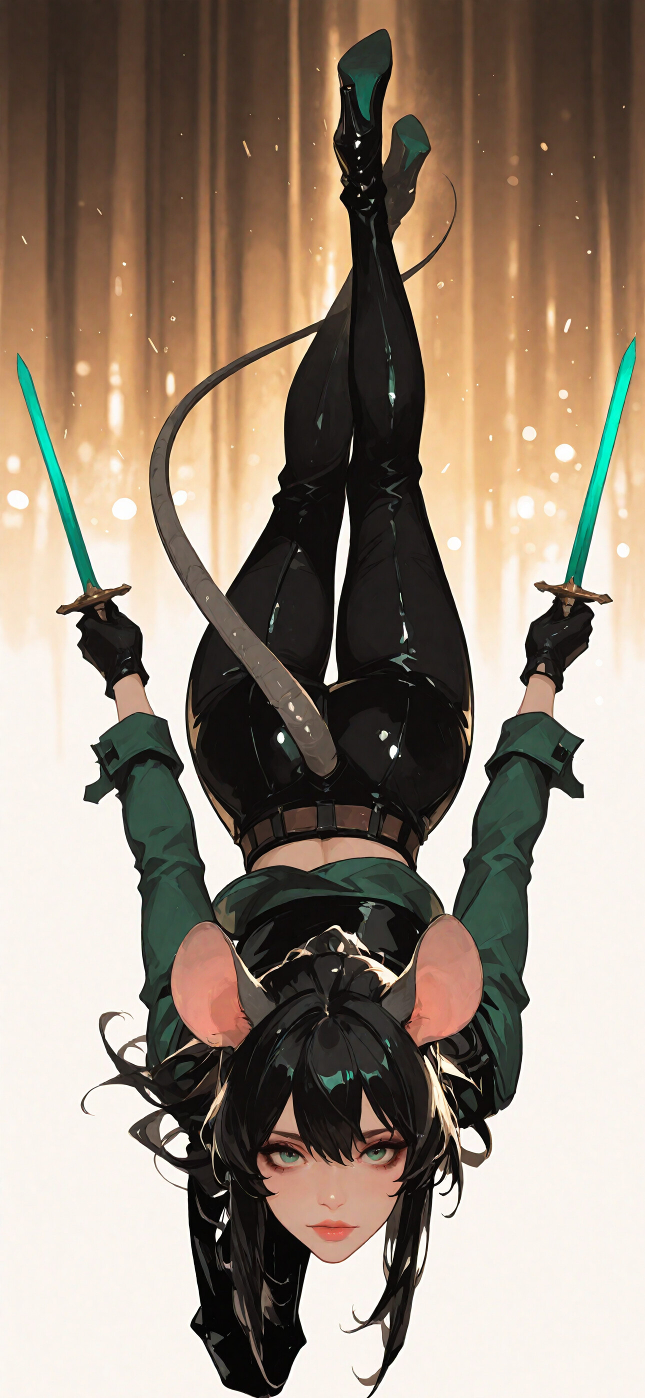 Eine weibliche Anime-Figur mit schwarzen Haaren, grünen Augen, großen Mäuseohren und einem langen Mäuseschwanz, gekleidet wie eine Schurkin in einem grünen Hemd und einer schwarzen Hose, liegt auf einem weißen Fliesenboden und blickt direkt in die Kamera.