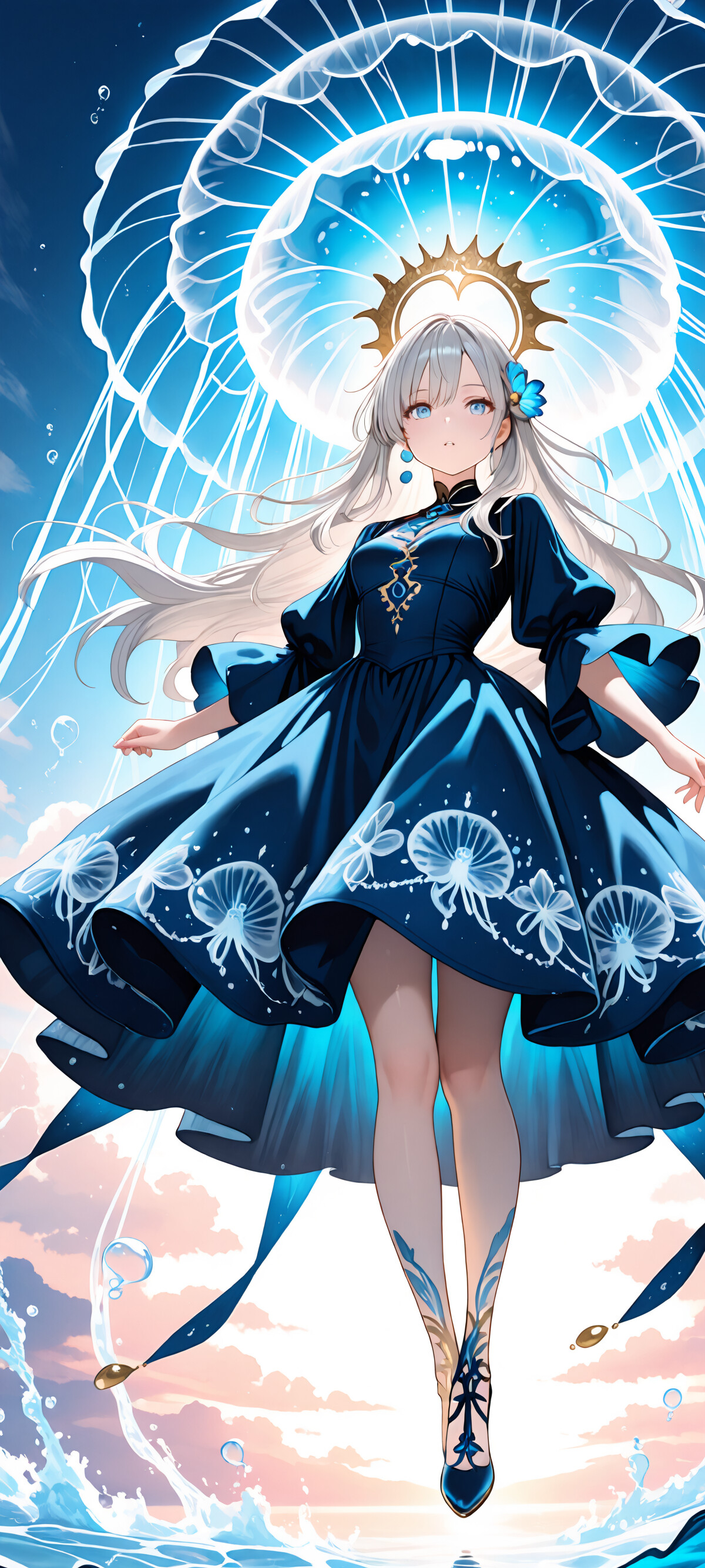 Ein Anime-Mädchen mit langem, silbernem Haar und einem dunkelblauen Kleid steht auf der Wasseroberfläche. Auf ihrem Kopf befindet sich eine große, leuchtend blaue Qualle, die wie ein Hut wirkt, vor einem himmelblauen Hintergrund.
