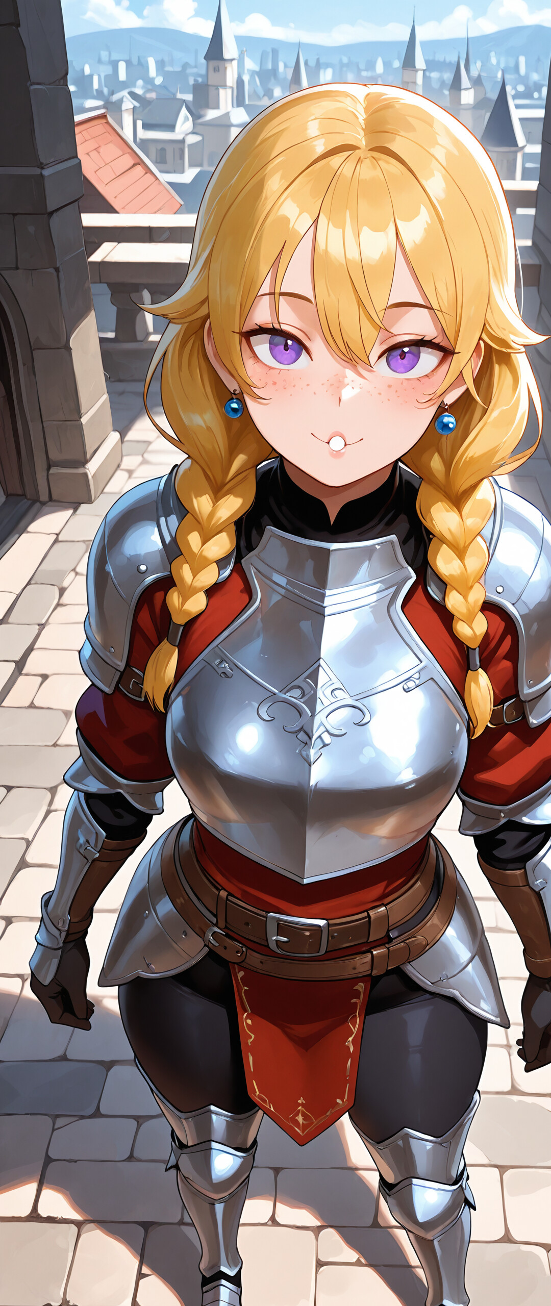 Eine junge, weibliche Ritterin mit blonden Zöpfen und violetten Augen, gekleidet in eine silberne Rüstung über einer violetten Tunika, steht auf einer Steinbrücke in einer mittelalterlichen Stadt und lächelt den Betrachter an.