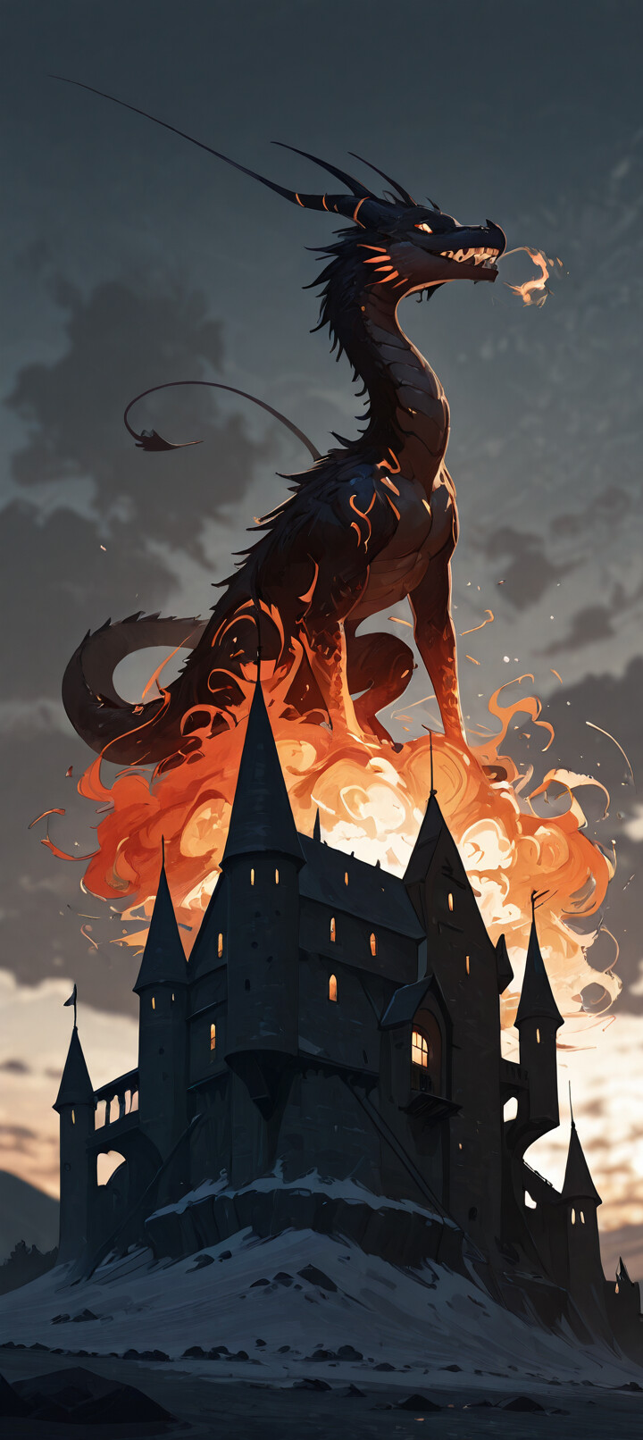 Ein riesiger, schlangenartiger Drache, der von Feuer und Flammen umgeben ist, thront in der Dämmerung majestätisch auf dem höchsten Turm einer düsteren, gotischen Burg.
