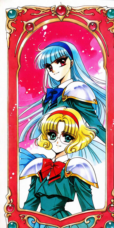 Eine Ganzkörperillustration von Hikaru Shidou, Umi Ryuuzaki und Fuu Hououji aus Magic Knight Rayearth. Hikaru hat rote Haare, Umi hat blaue Haare und Fuu hat blonde Haare und trägt eine Brille. Sie tragen gepanzerte Schuluniformen und stehen vor einem großen, goldenen, kunstvoll verzierten runden Rahmen.
