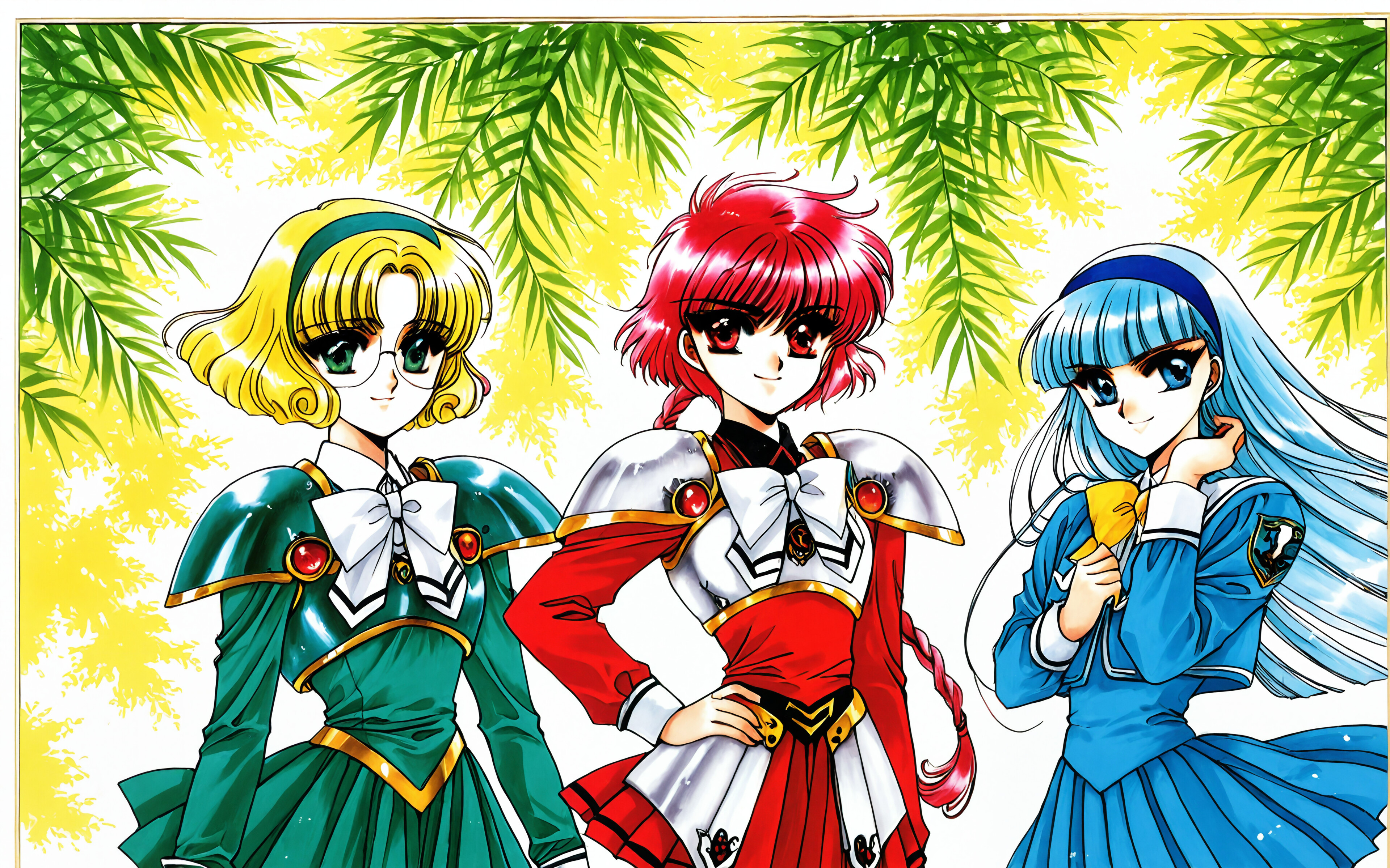 Eine Ganzkörperillustration von Hikaru Shidou, Umi Ryuuzaki und Fuu Hououji aus Magic Knight Rayearth. Hikaru hat rote Haare, Umi hat blaue Haare und Fuu hat blonde Haare und trägt eine Brille. Sie tragen gepanzerte Schuluniformen und stehen vor einem großen, goldenen, kunstvoll verzierten runden Rahmen.
